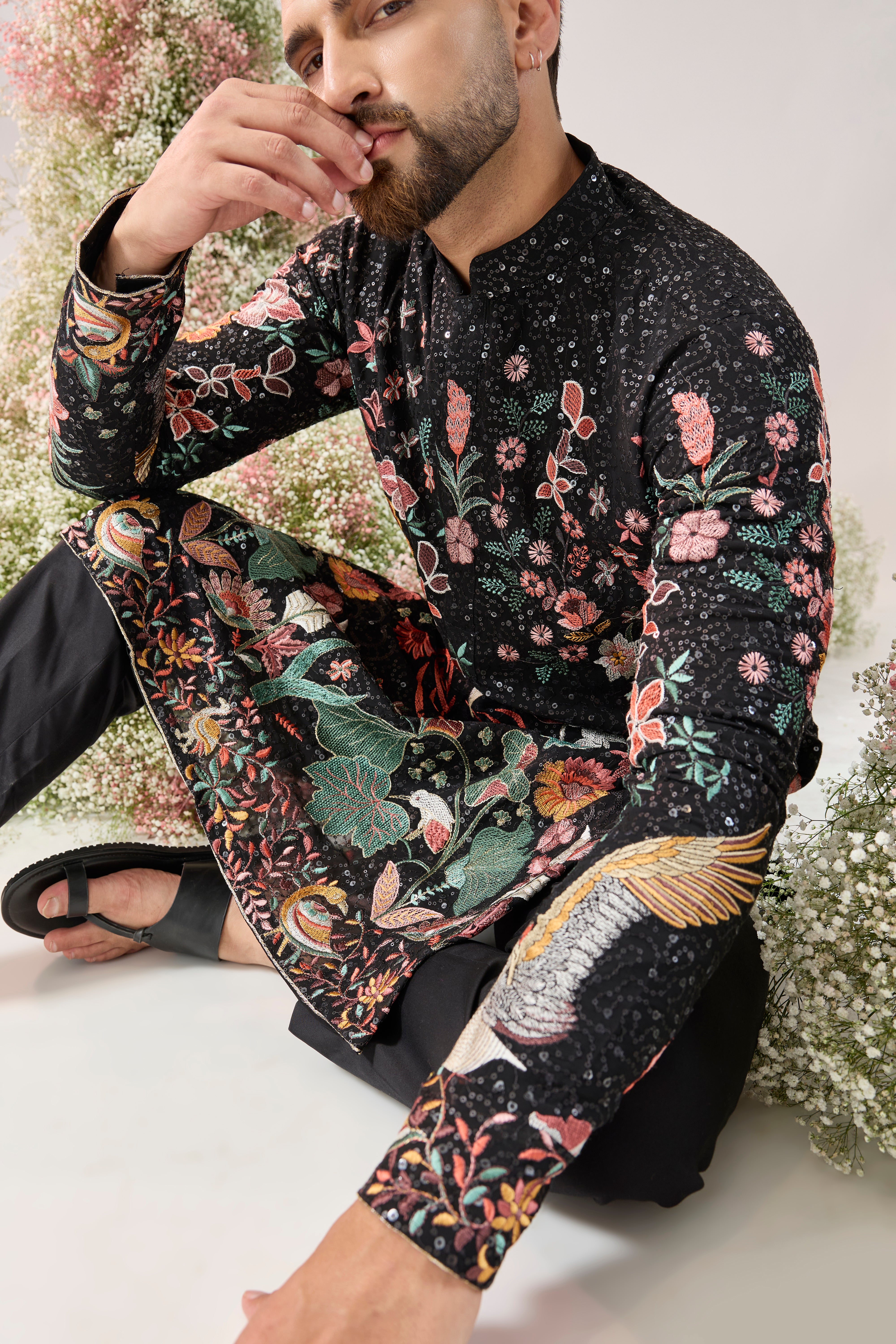 black sequined kurta with flora and fauna embroidery
