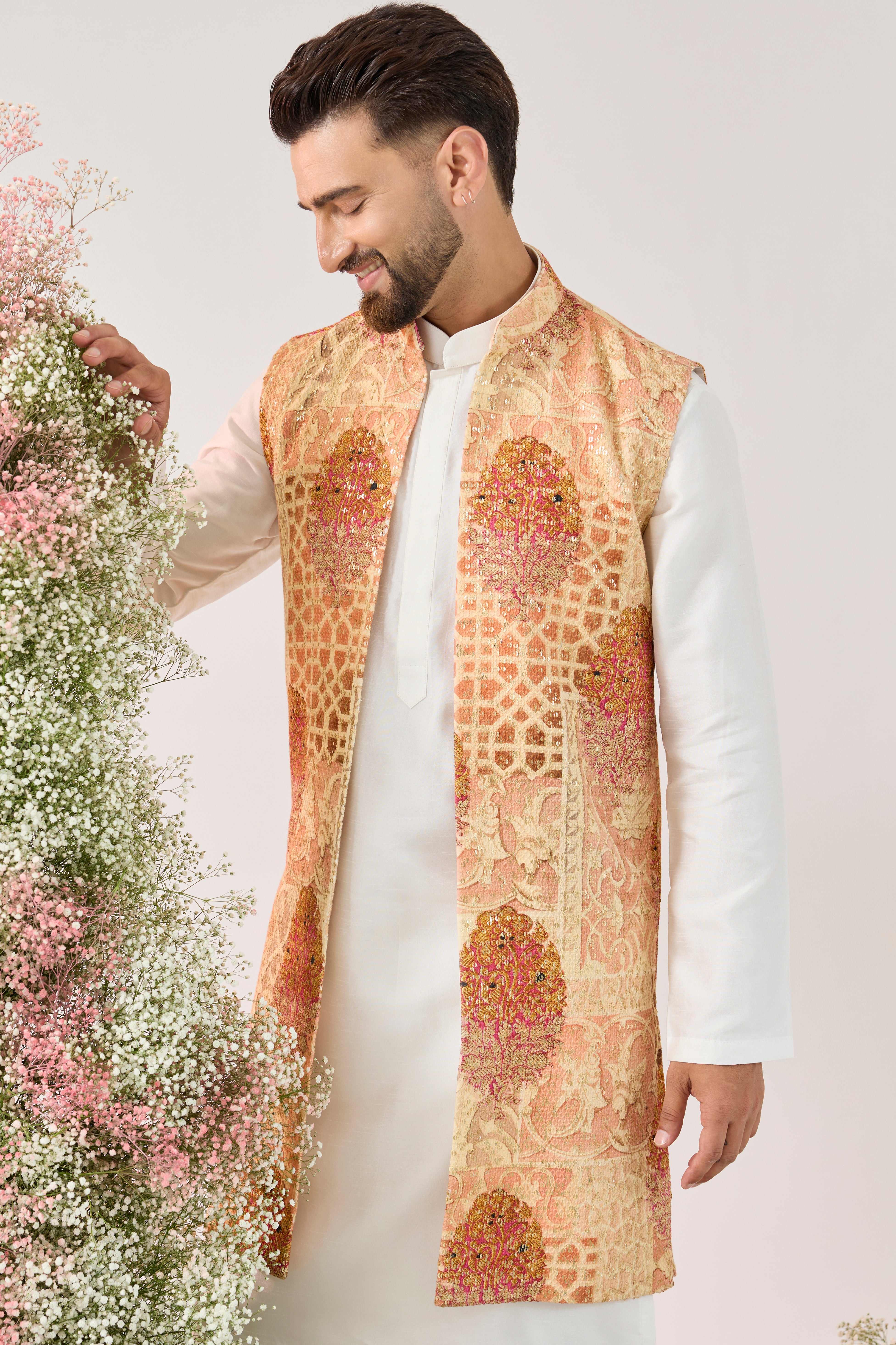 peach kalamkari embrodried long open jacket