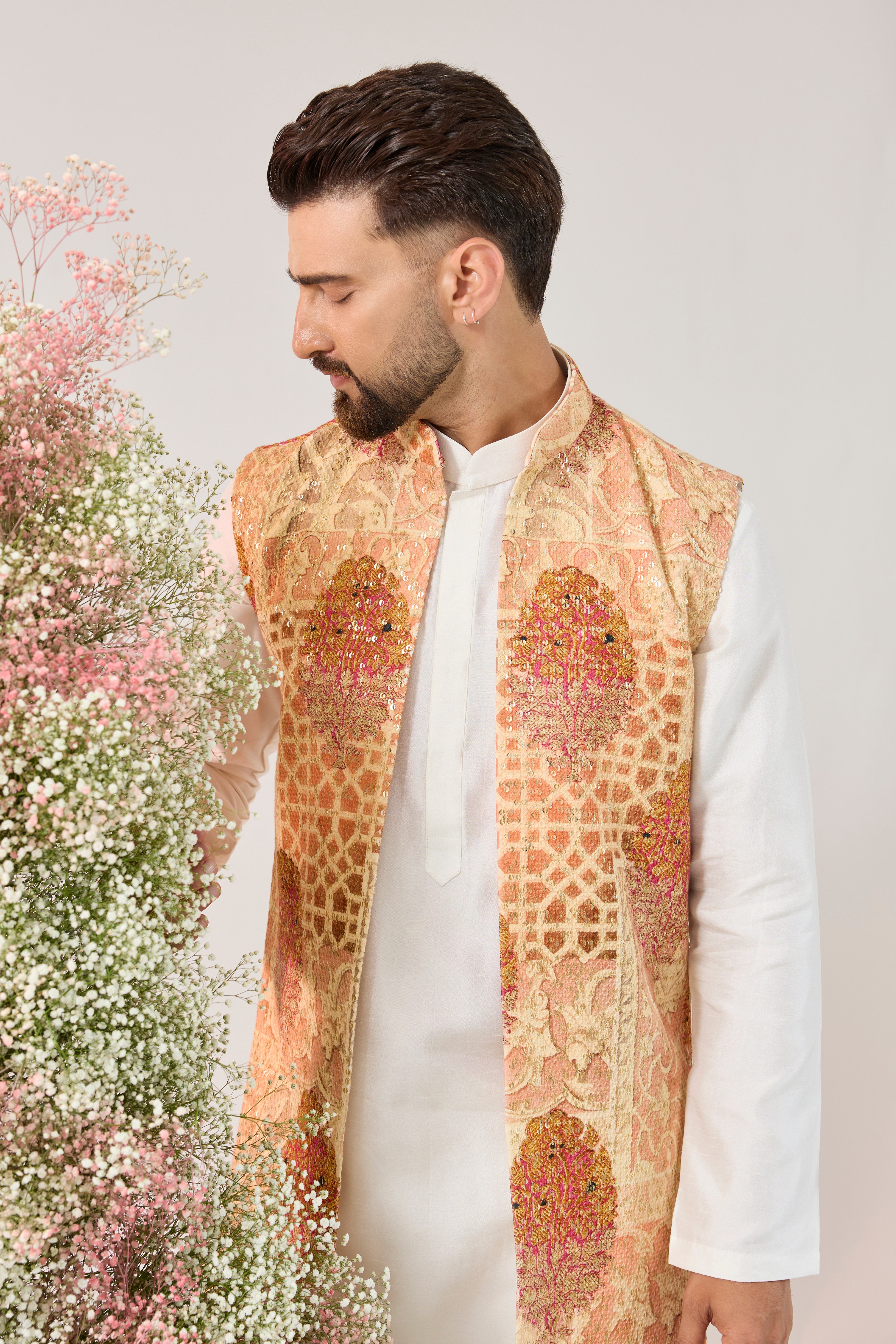 peach kalamkari embrodried long open jacket