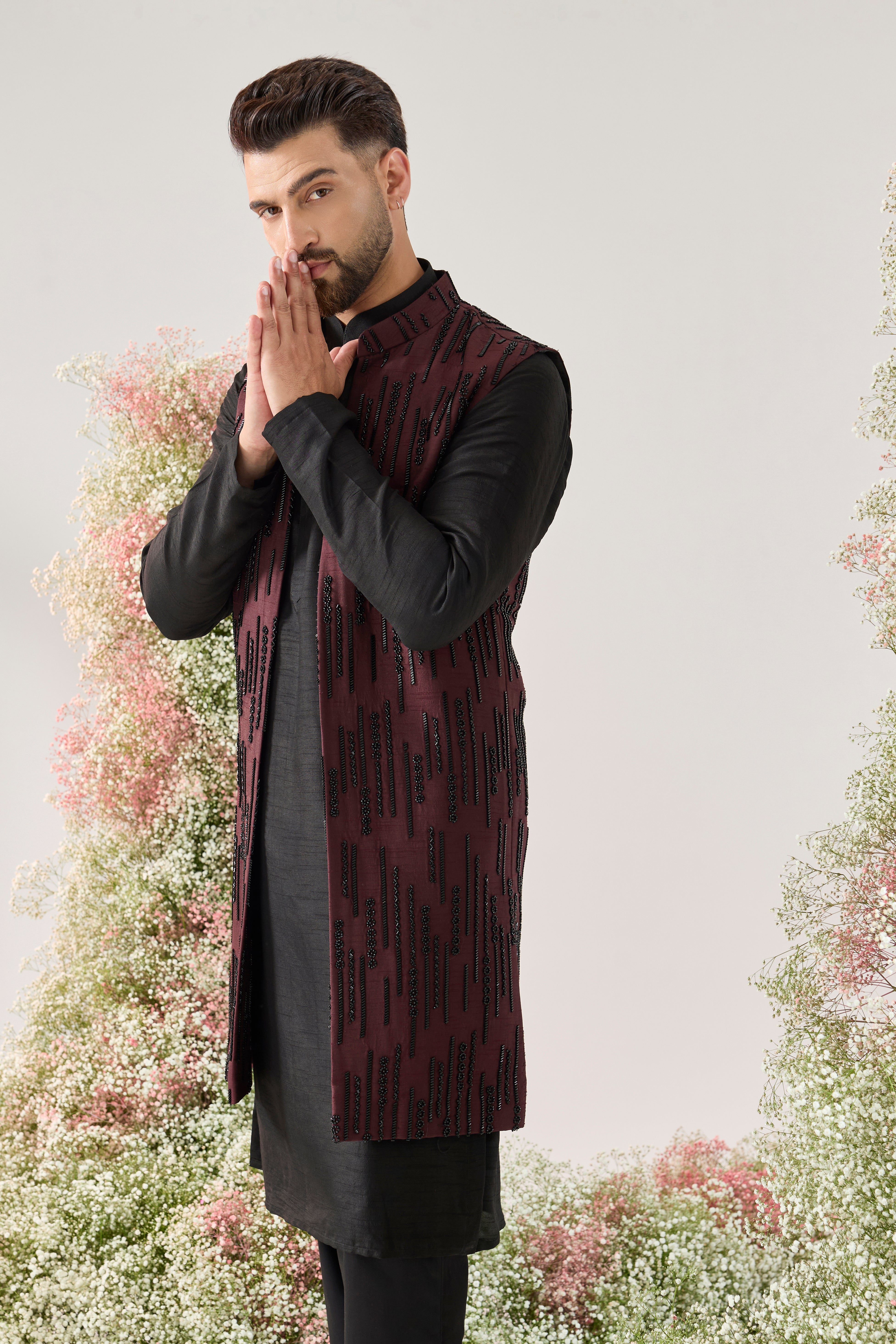 wine long open jacket with detailed cut dana embroidery