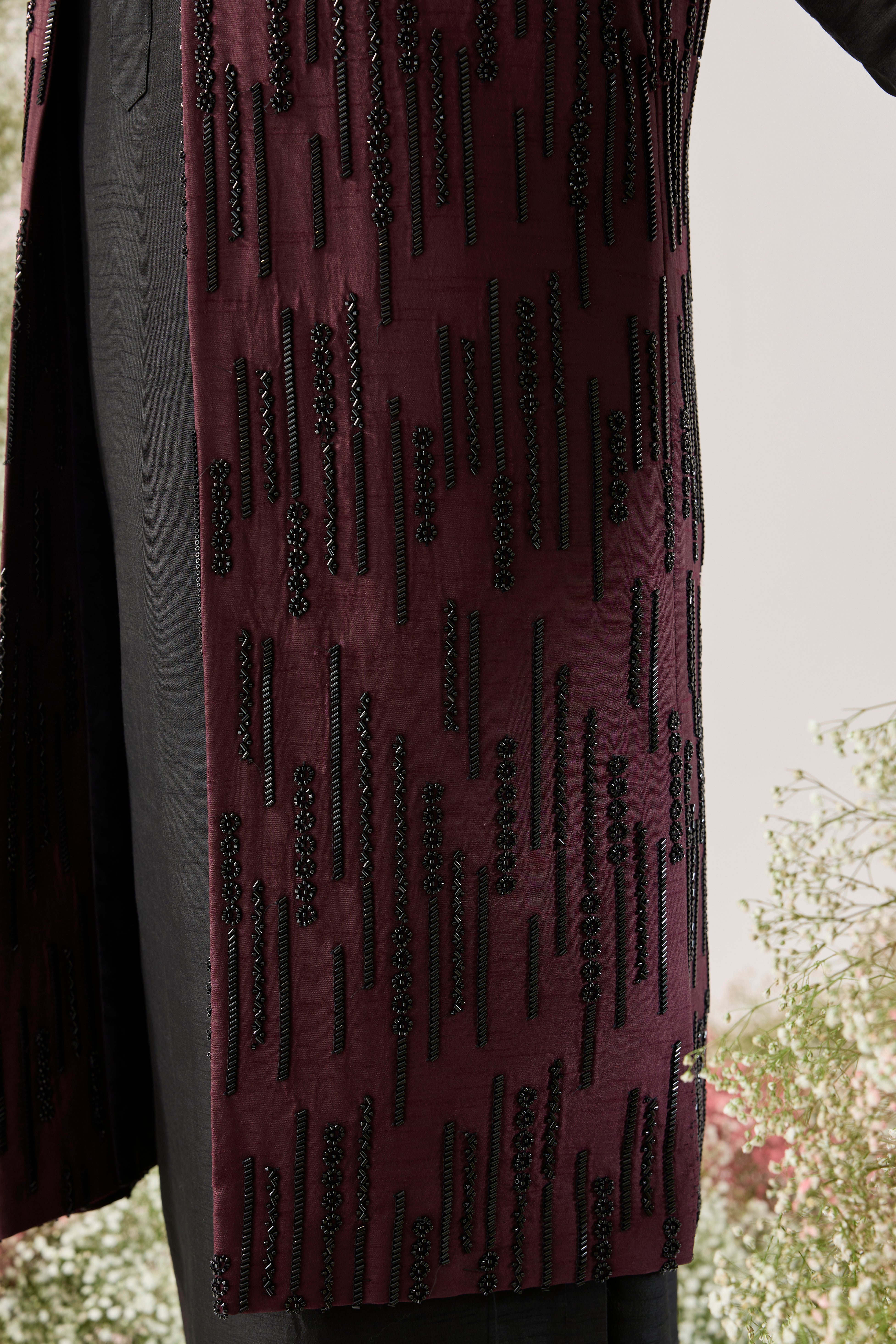 wine long open jacket with detailed cut dana embroidery