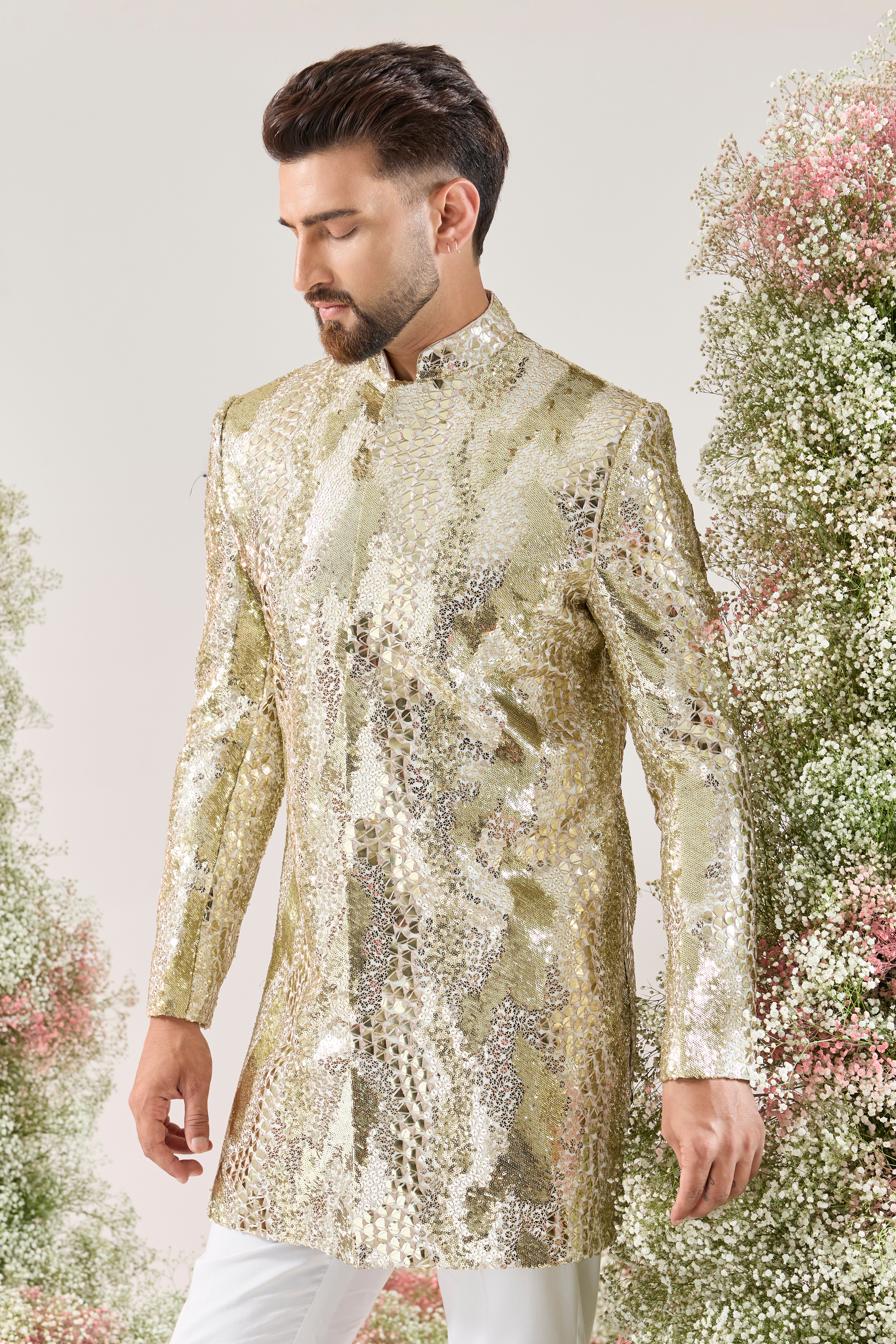 Ivory Radiance: Fully Sequined Short Indowestern Sherwani with Leather-Look Effect