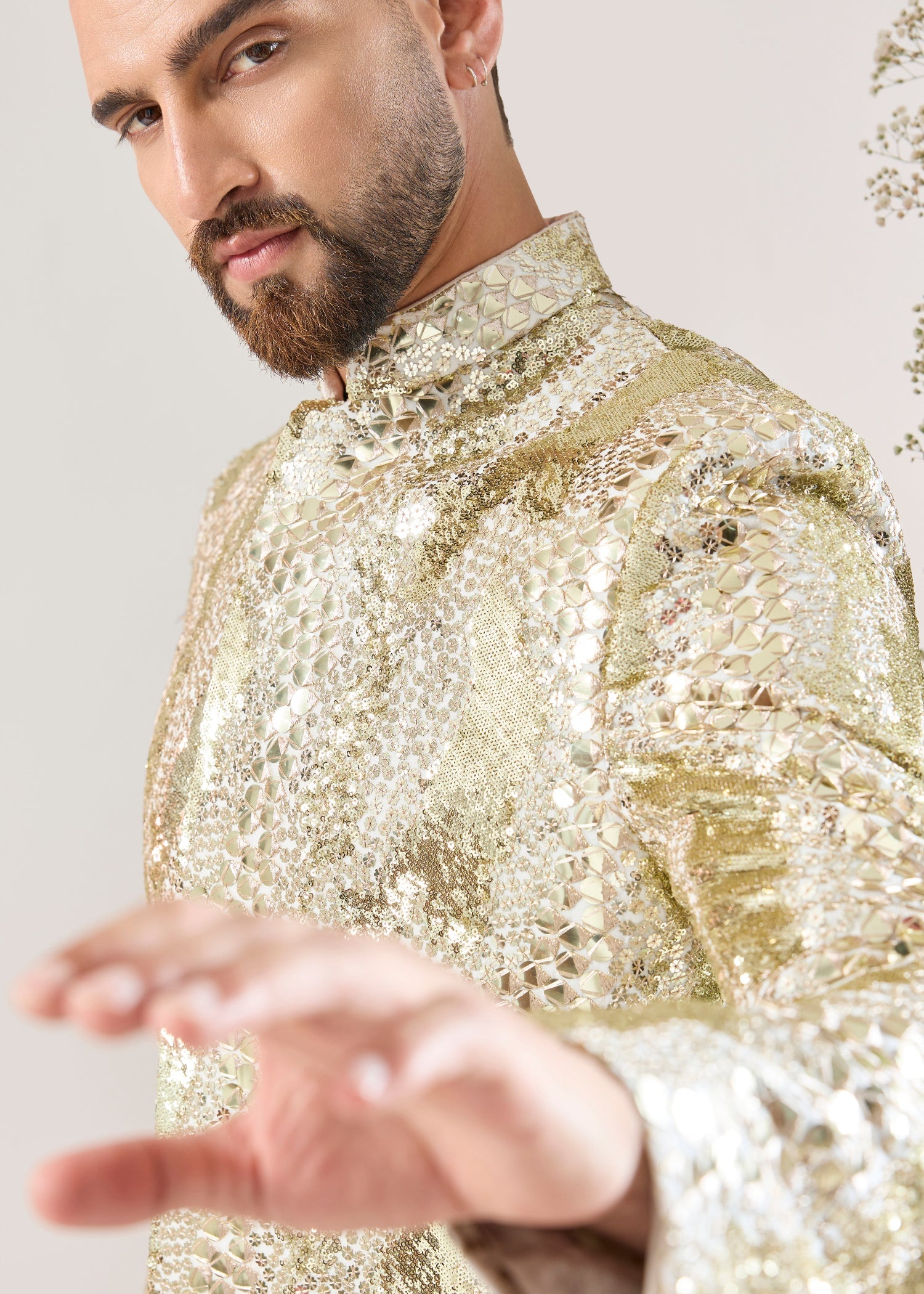 Ivory Radiance: Fully Sequined Short Indowestern Sherwani with Leather-Look Effect