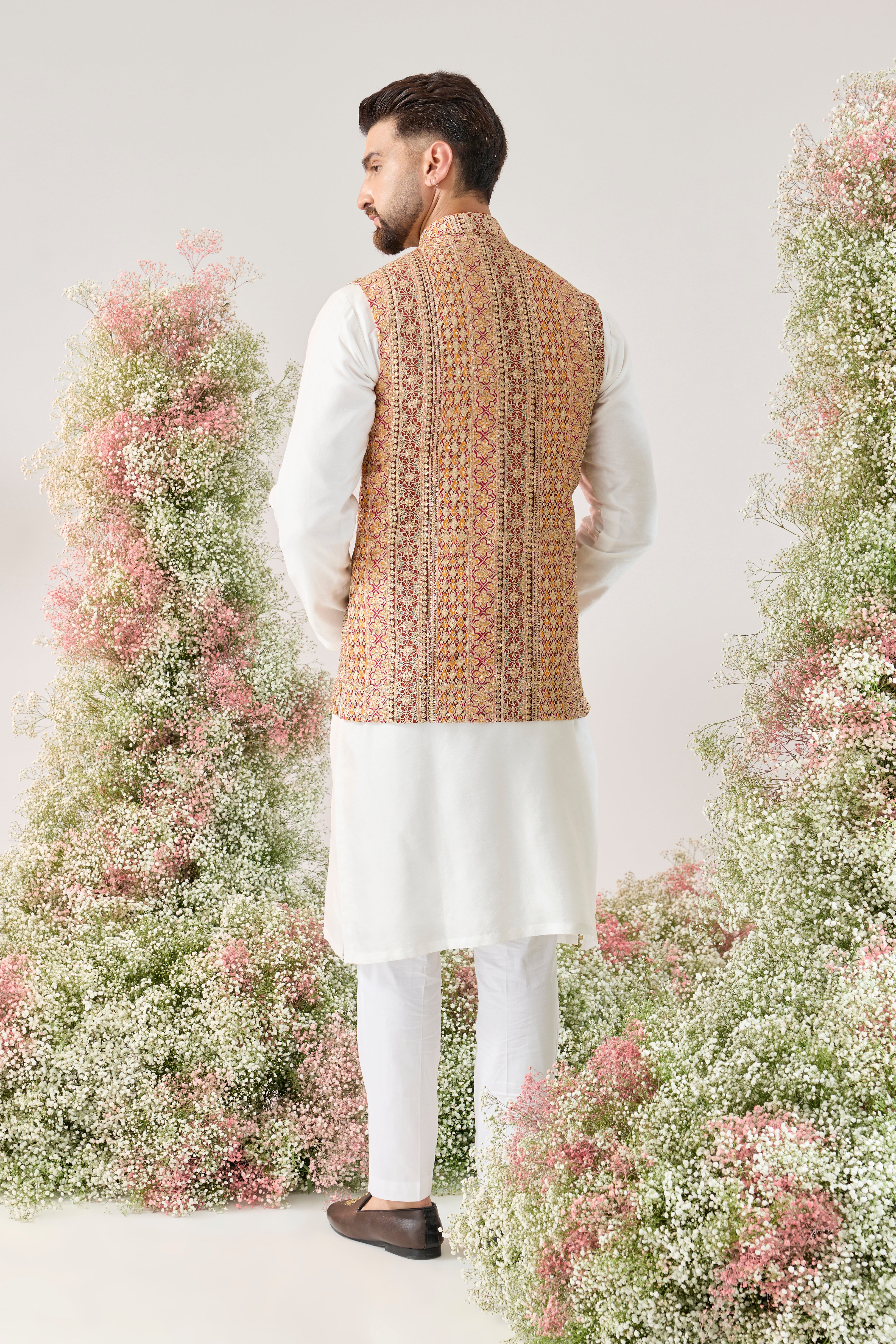Zari Grandeur: nehru Jacket with mustard, red and Golden Embellishments