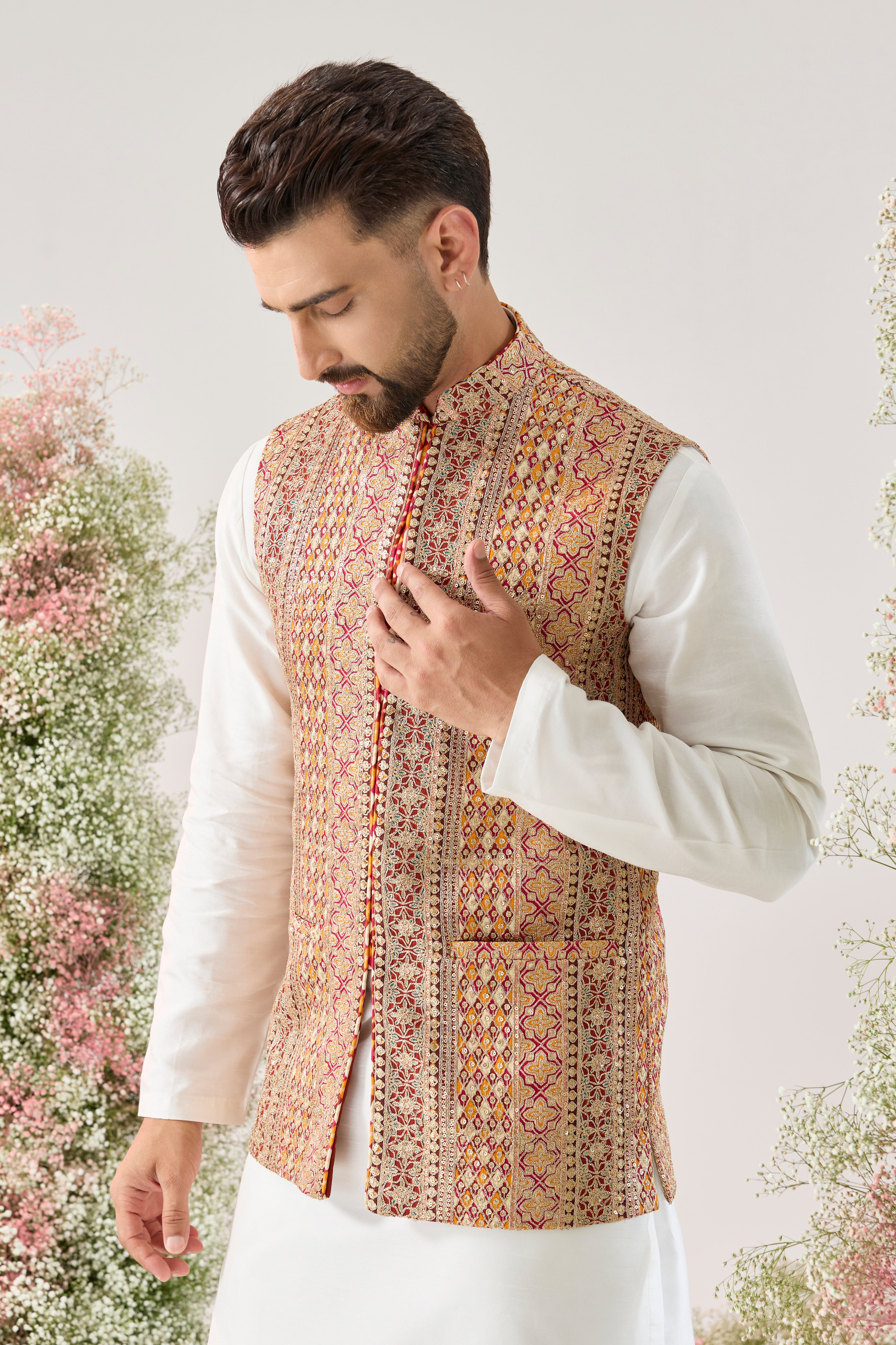 Zari Grandeur: nehru Jacket with mustard, red and Golden Embellishments