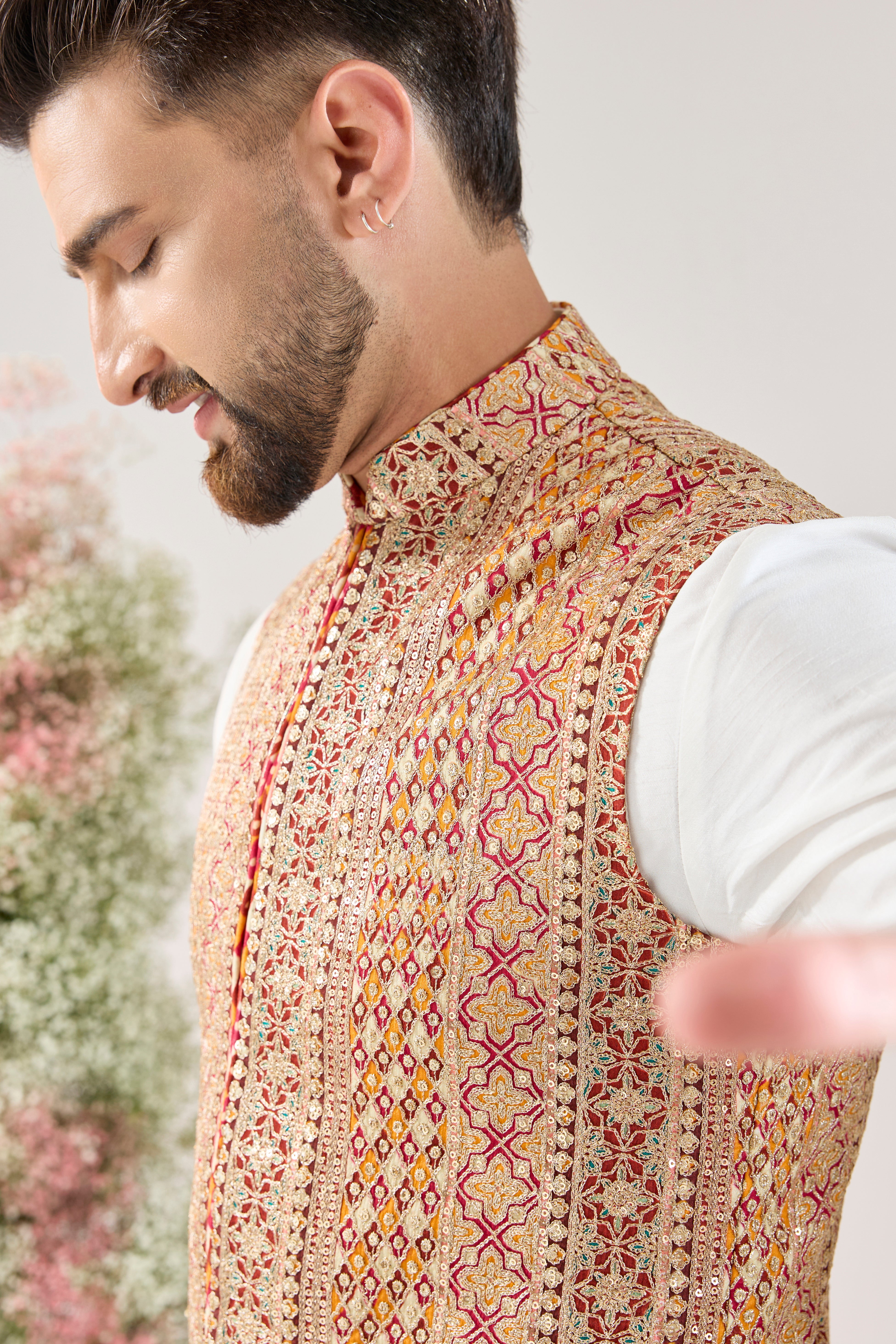 Zari Grandeur: nehru Jacket with mustard, red and Golden Embellishments