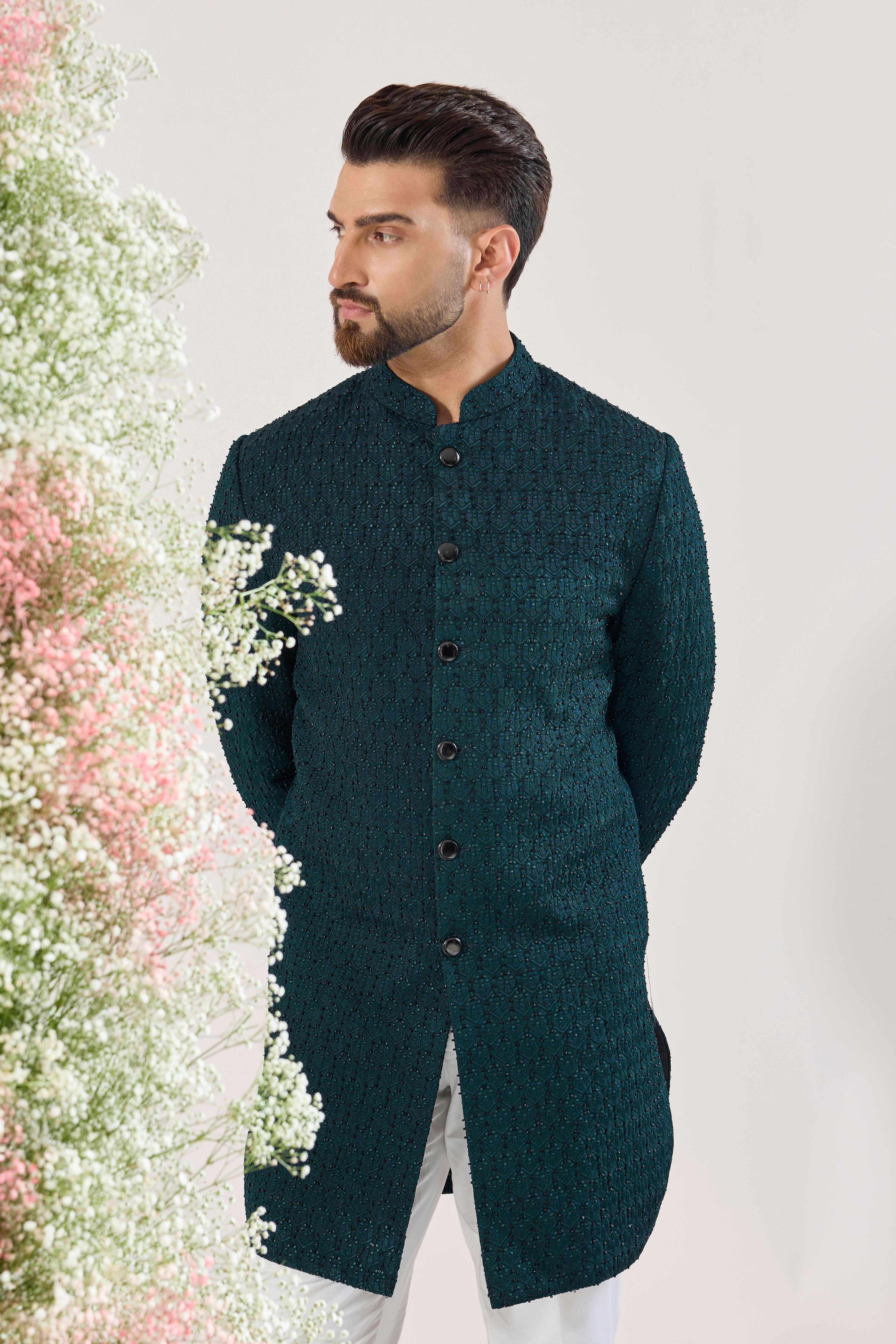 teal royal cut short indowestern with cut dana embroidery