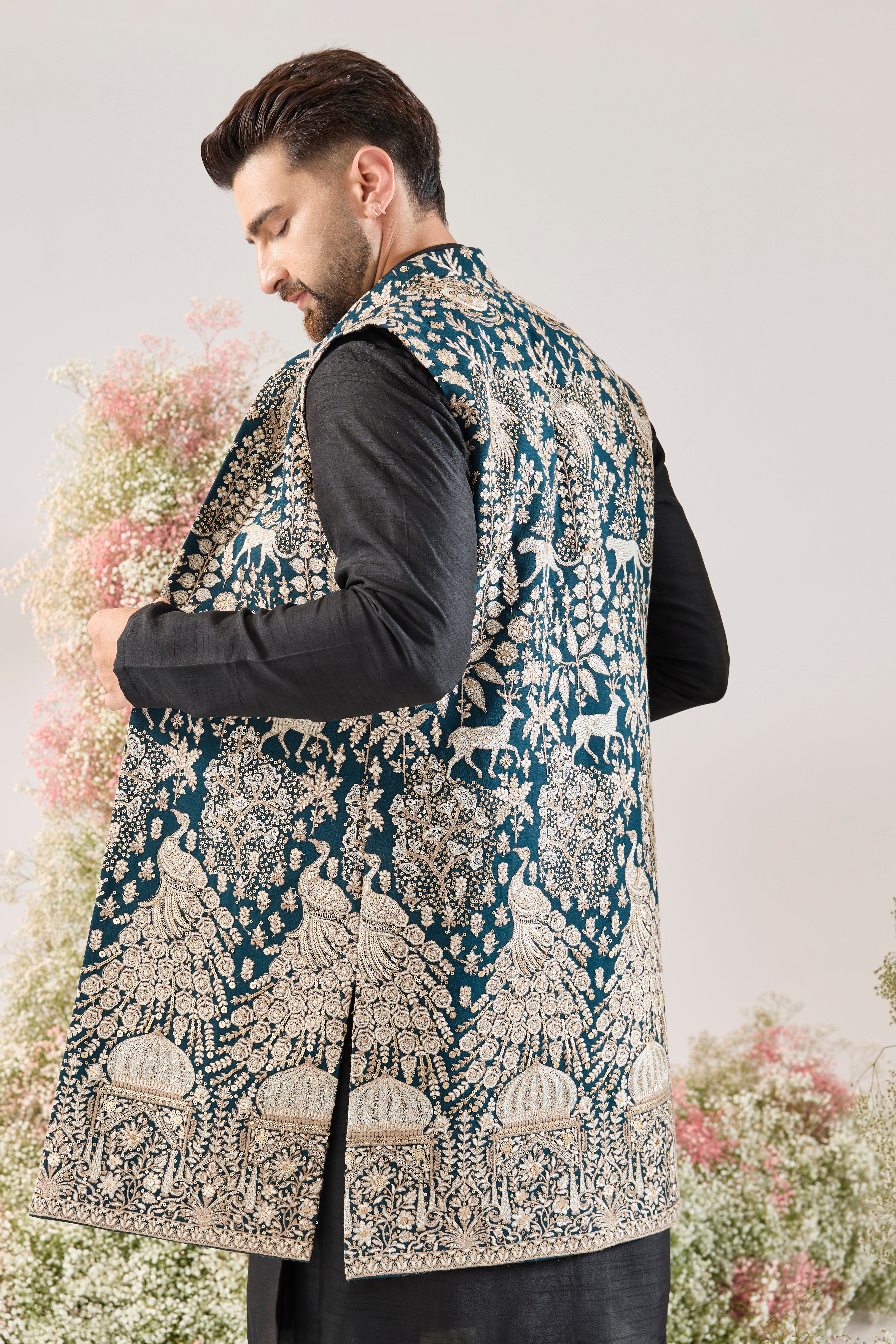 teal royal heritage long open jacket with zari work