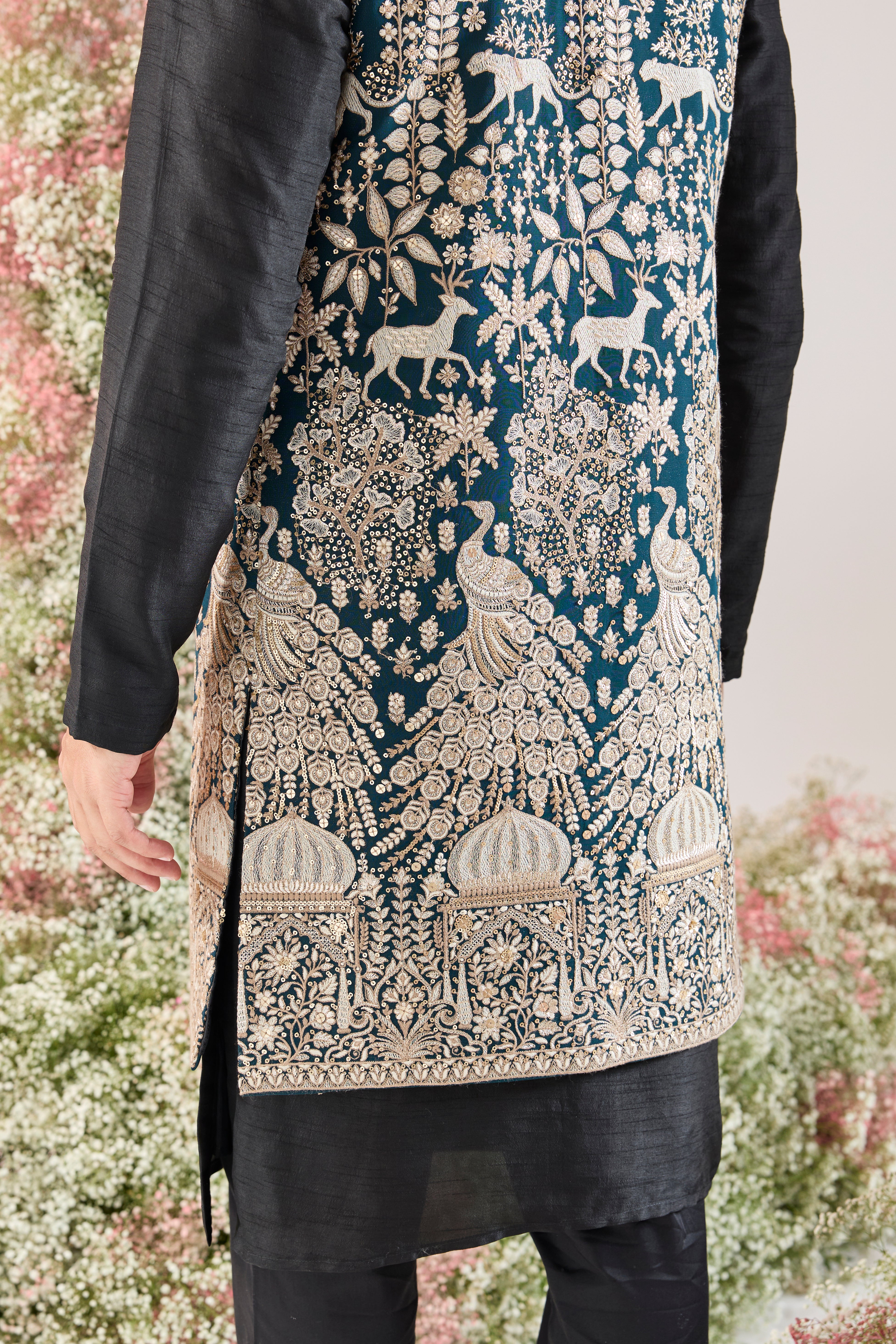 teal royal heritage long open jacket with zari work