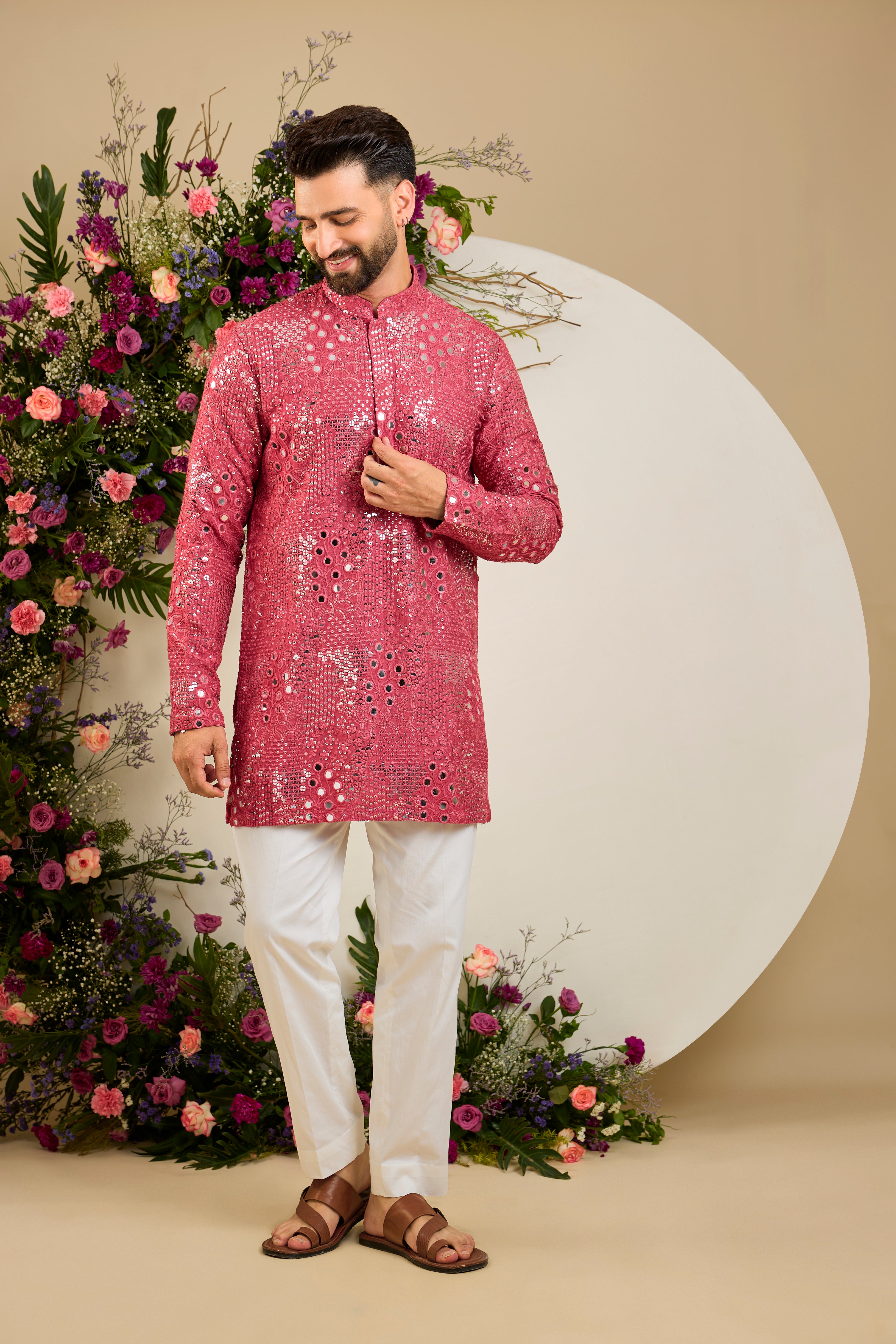 Sage pink short mirror work kurta with intricate embroidery, and delicate sequin detailing for timeless sophistication.