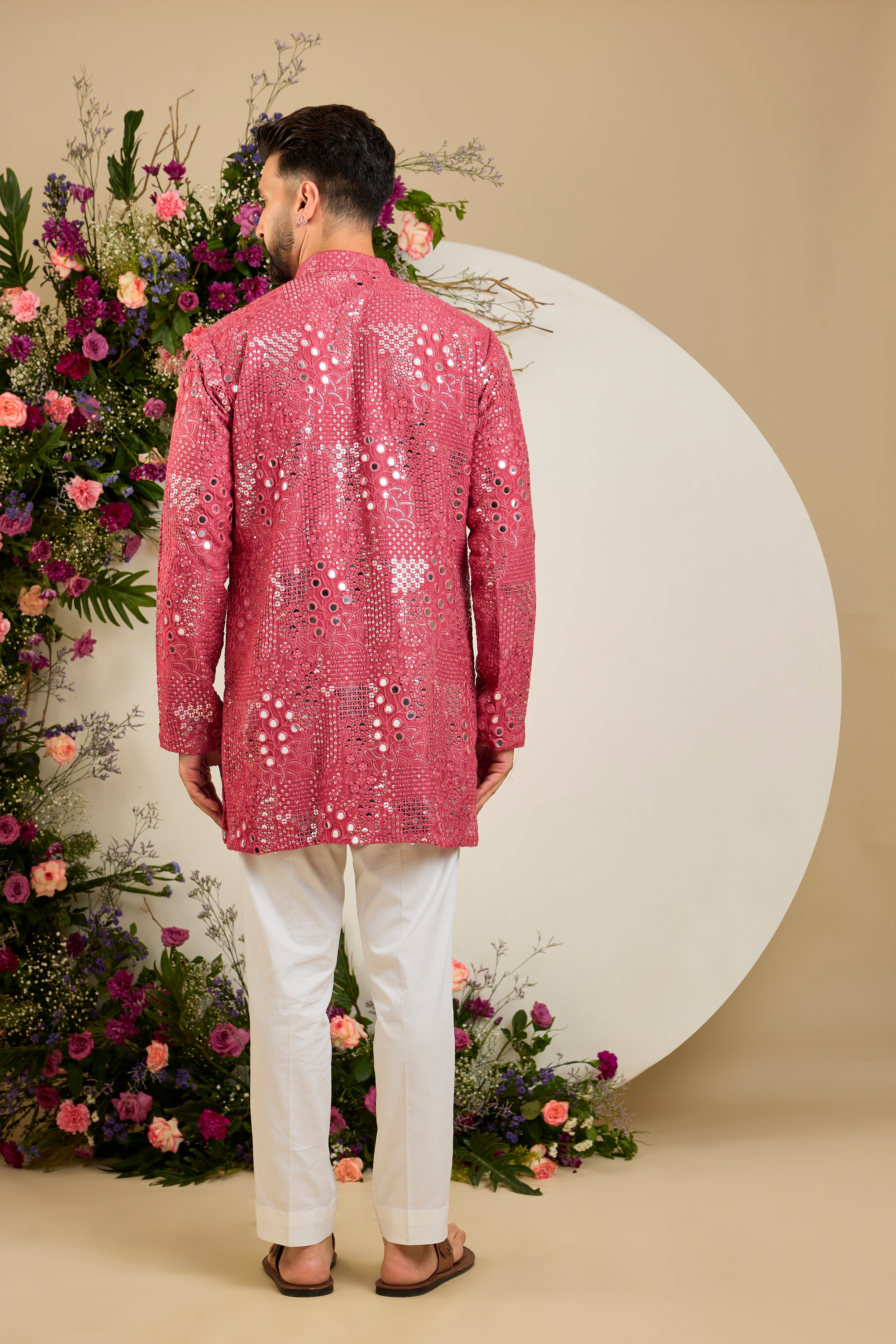 Sage pink short mirror work kurta with intricate embroidery, and delicate sequin detailing for timeless sophistication.