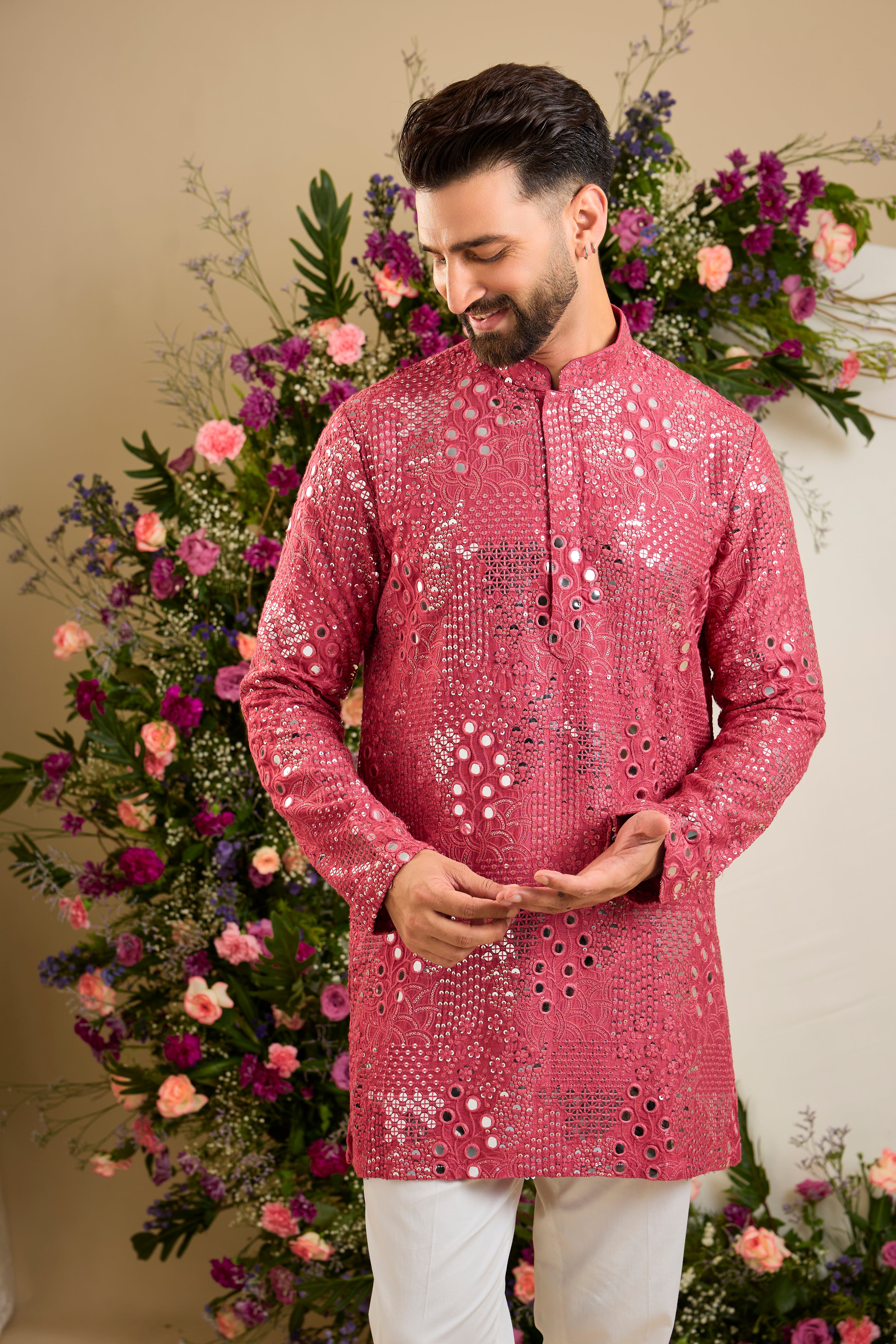 Sage pink short mirror work kurta with intricate embroidery, and delicate sequin detailing for timeless sophistication.