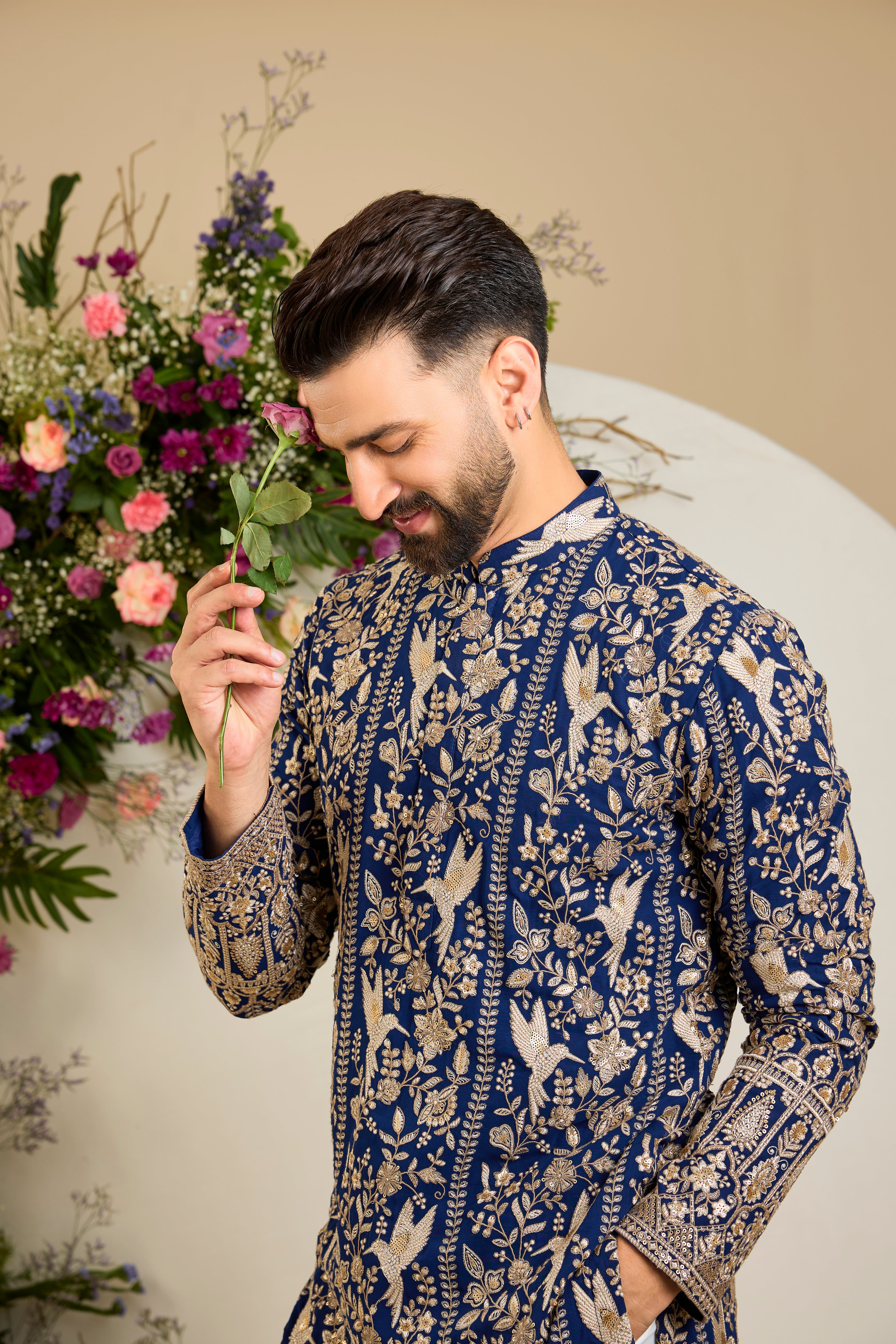 Royal blue flora & fauna kurta with intricate sequin and zari detailing, tailored for timeless elegance and distinguished celebrations.