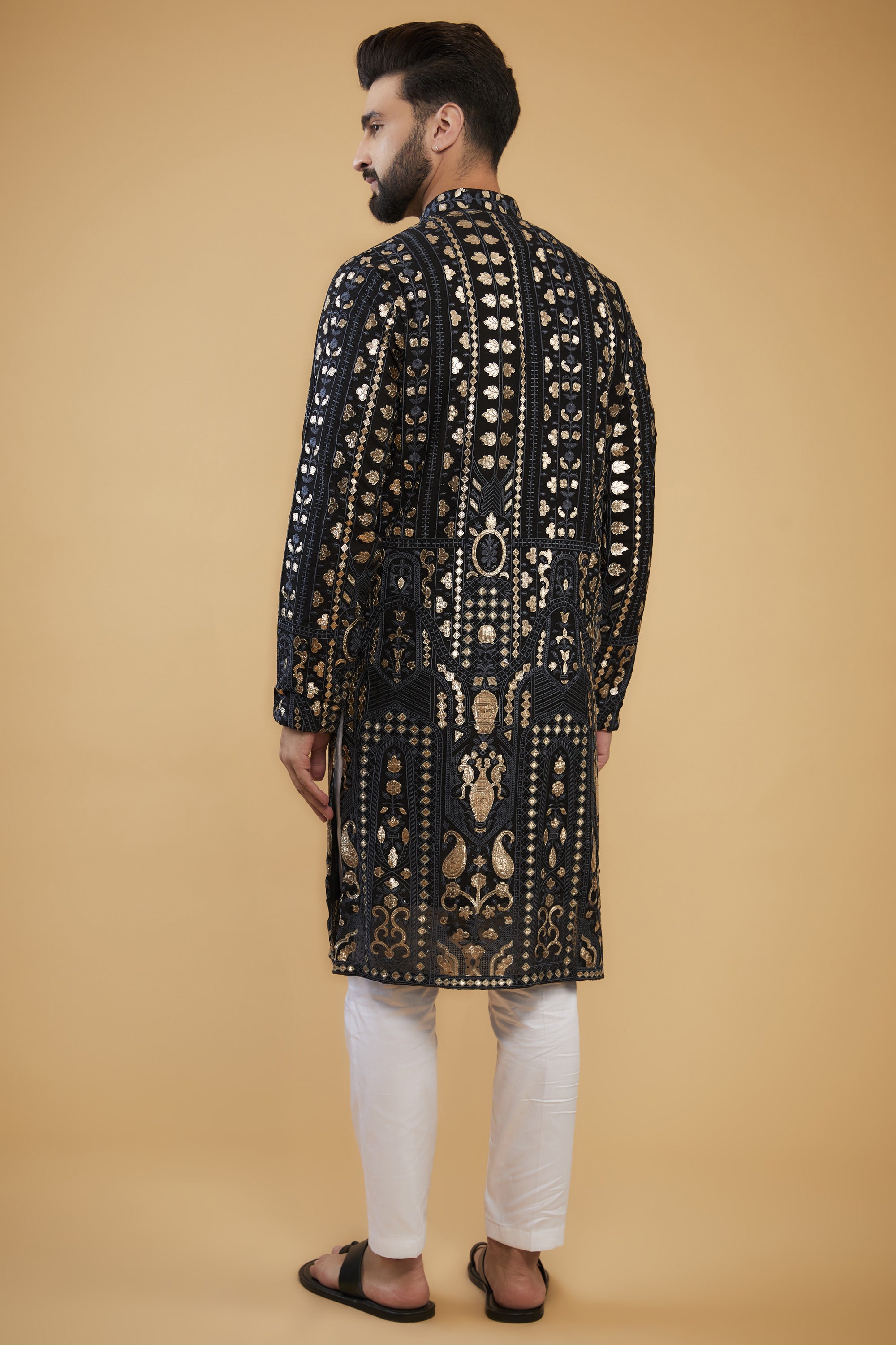 Black leather patchwork kurta with grey threadwork. - kasbahmen