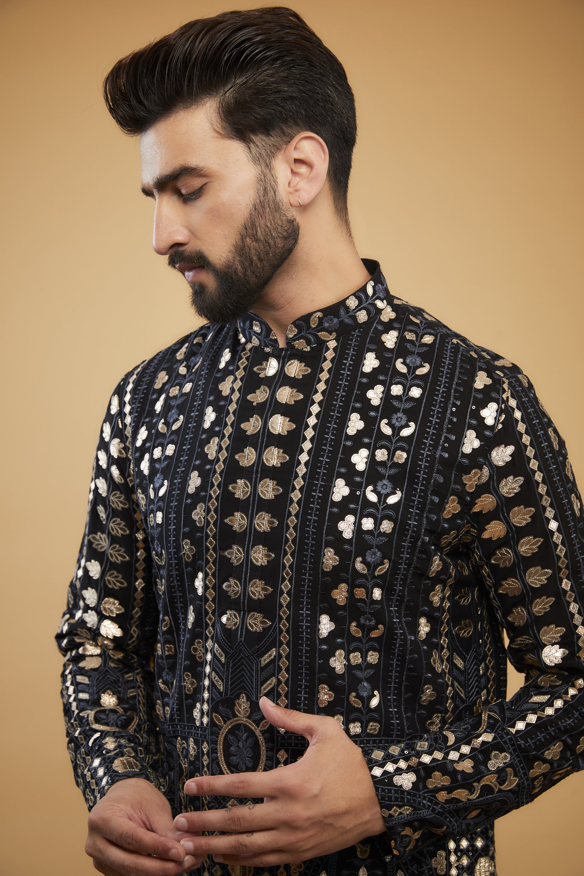 Black leather patchwork kurta with grey threadwork. - kasbahmen