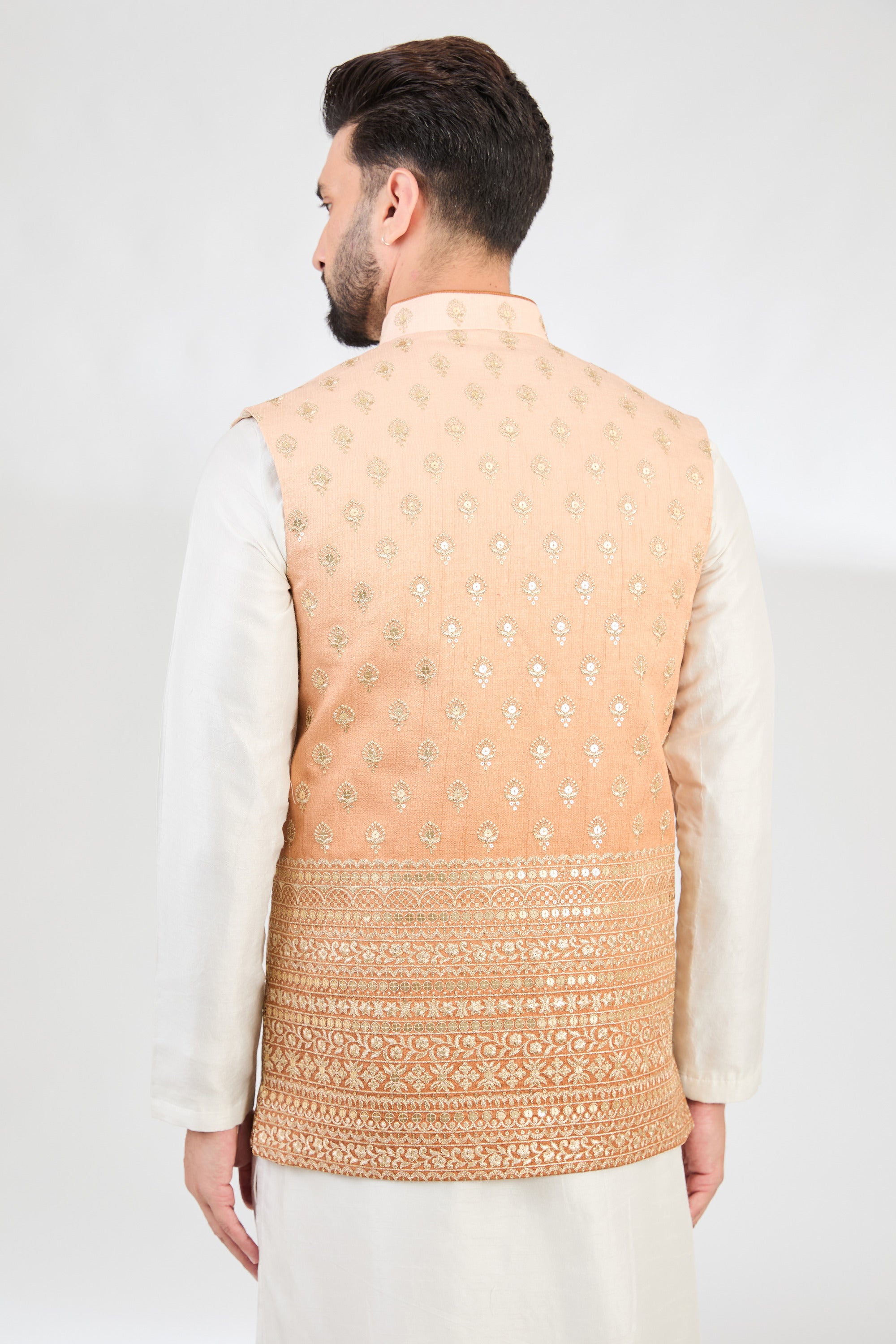 Ombre shaded coral peach nehru jacket with zari embroidery. - kasbahmen