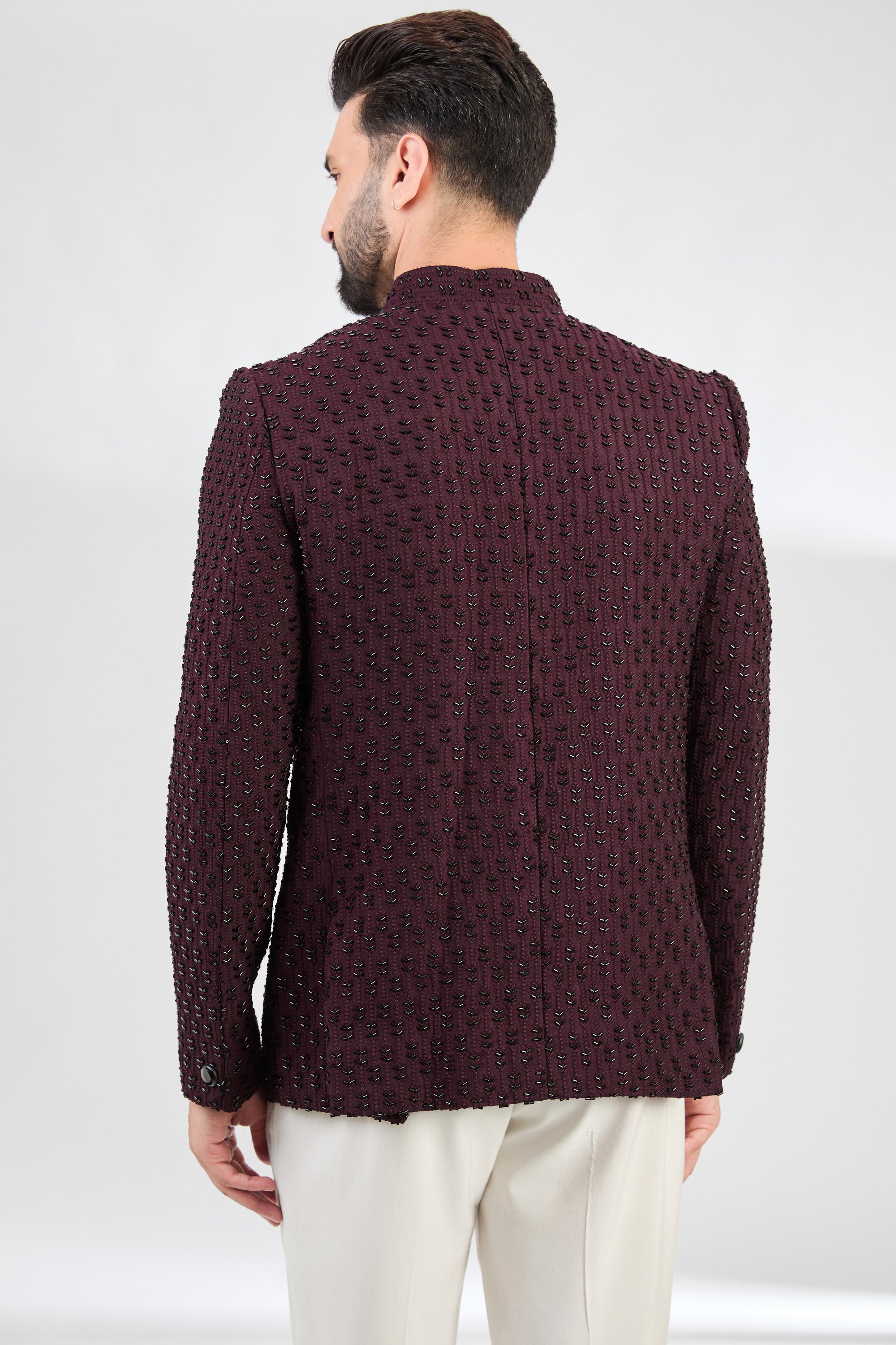 Signature Wine Bandhgala with detailed cut-dana embroidery. - kasbahmen