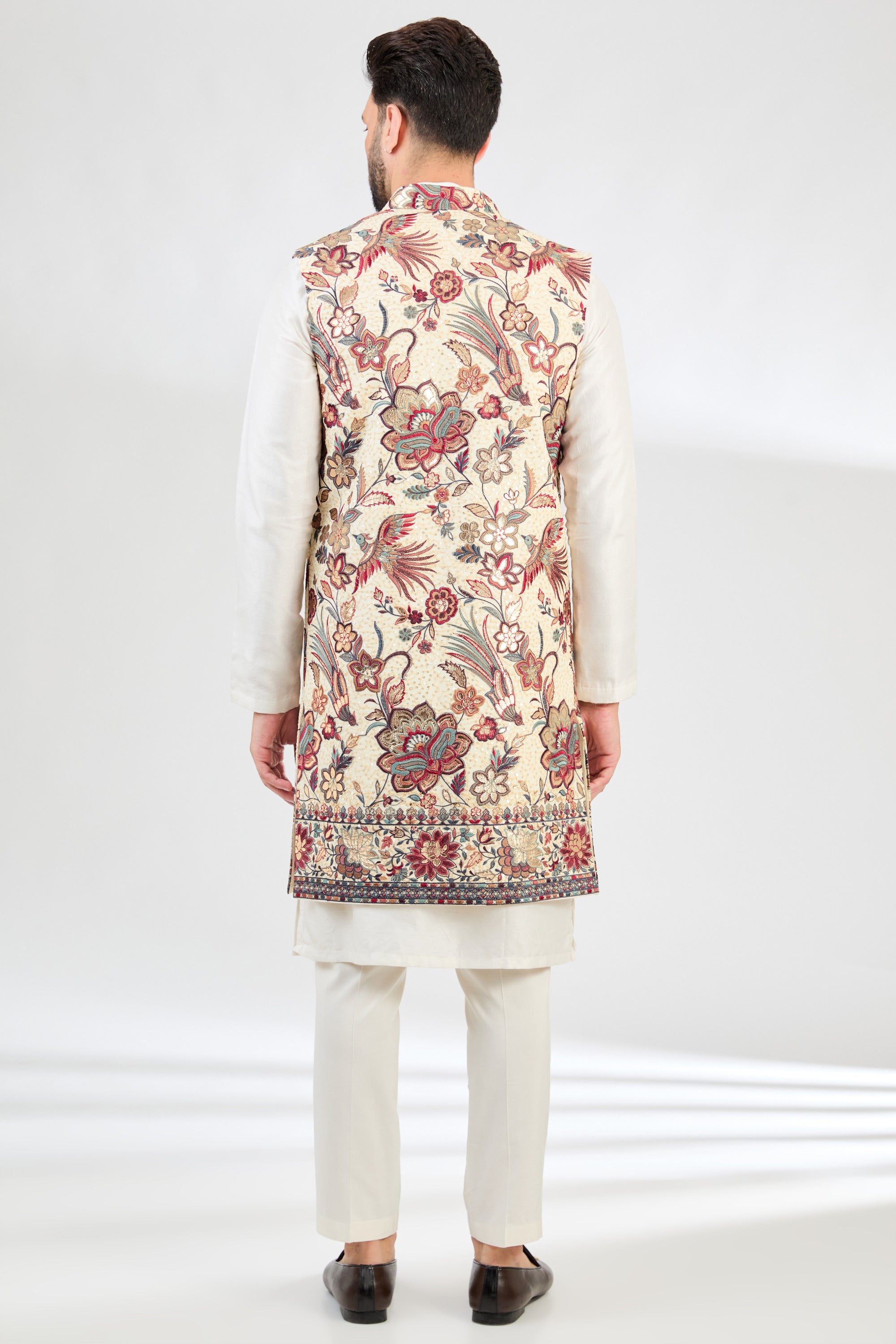 cream flora and fauna long open shrug with leather patch work - kasbahmen