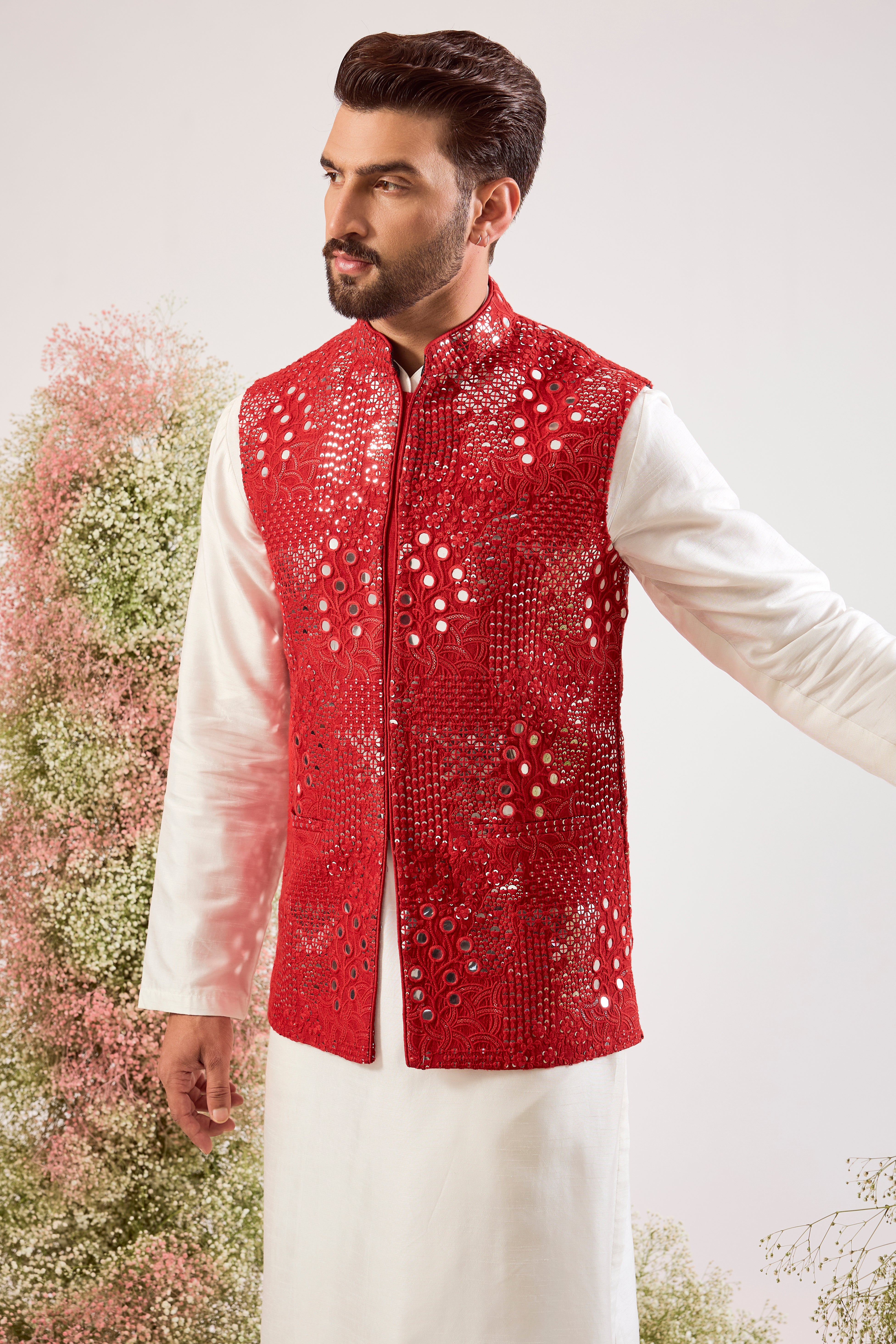 Bright red mirror work nehru jacket