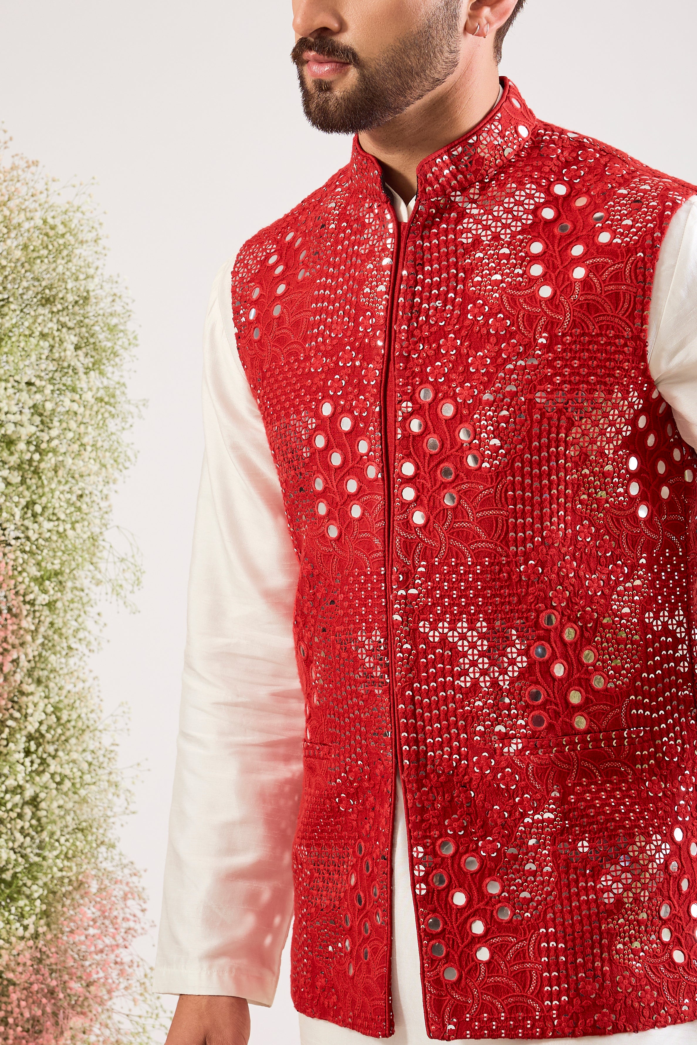Bright red mirror work nehru jacket