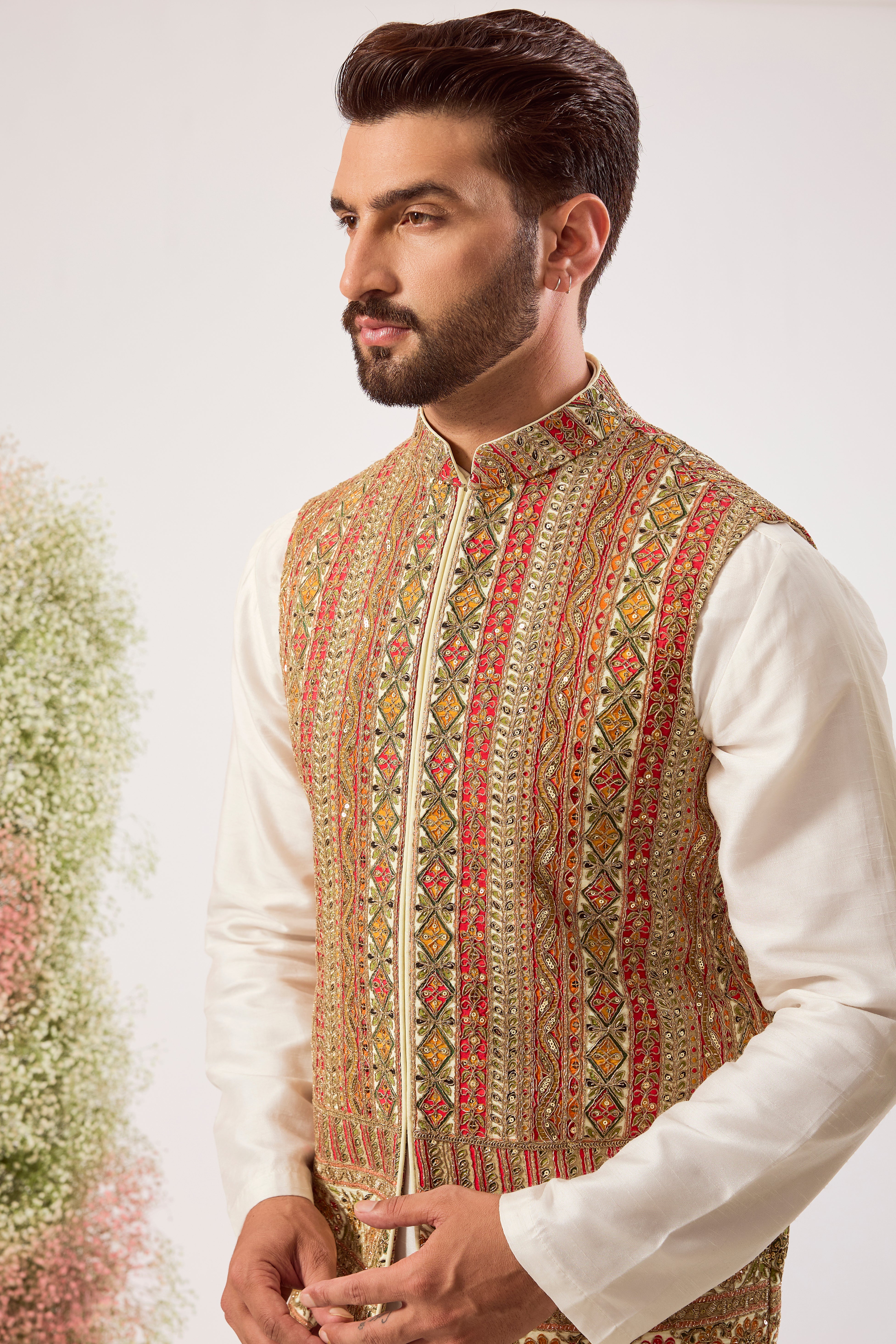 ivory/multi coloured nehru jacket with intricate zari work