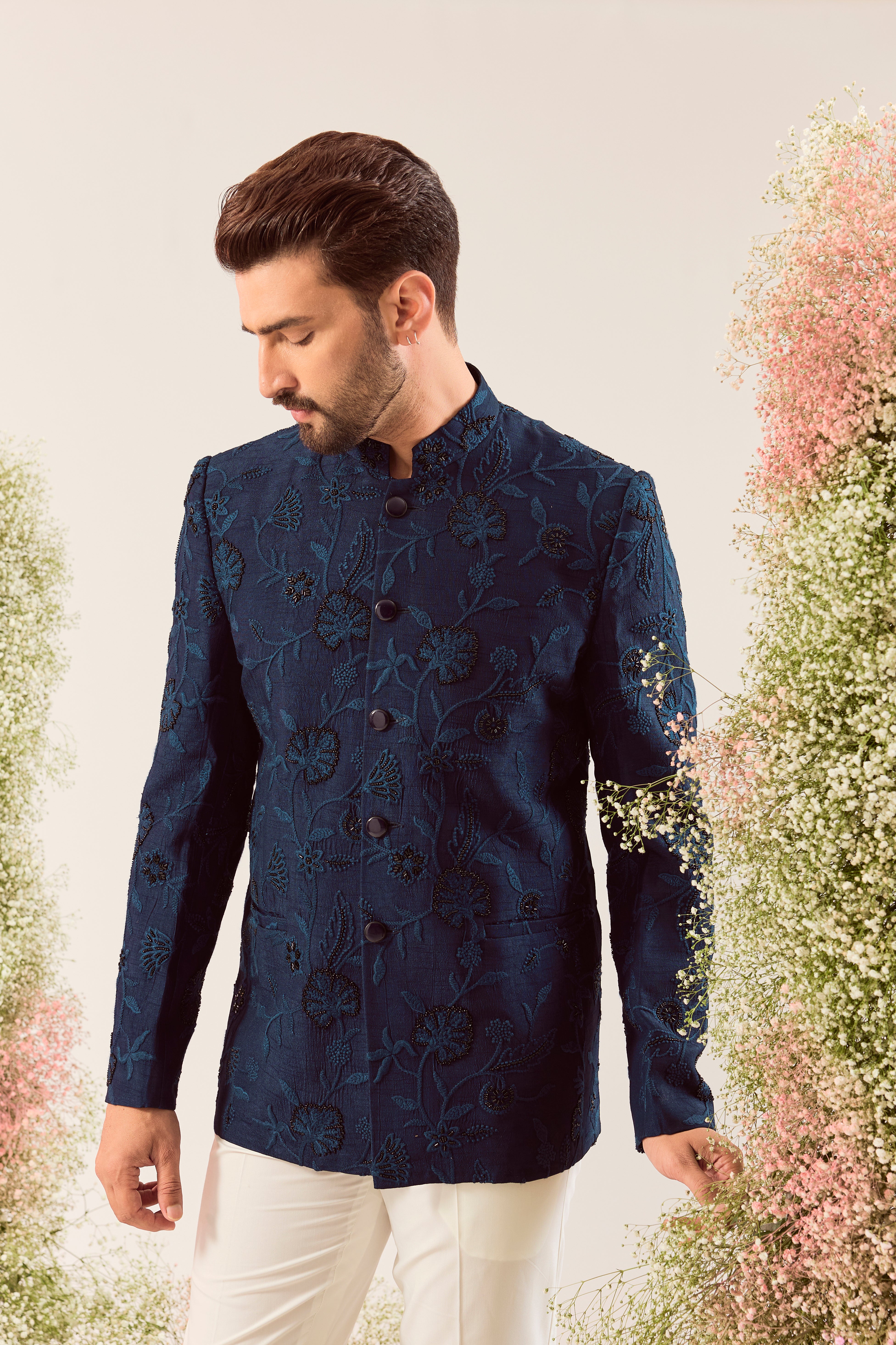navy blue bandgala with intricate cut dana and floral embroidery