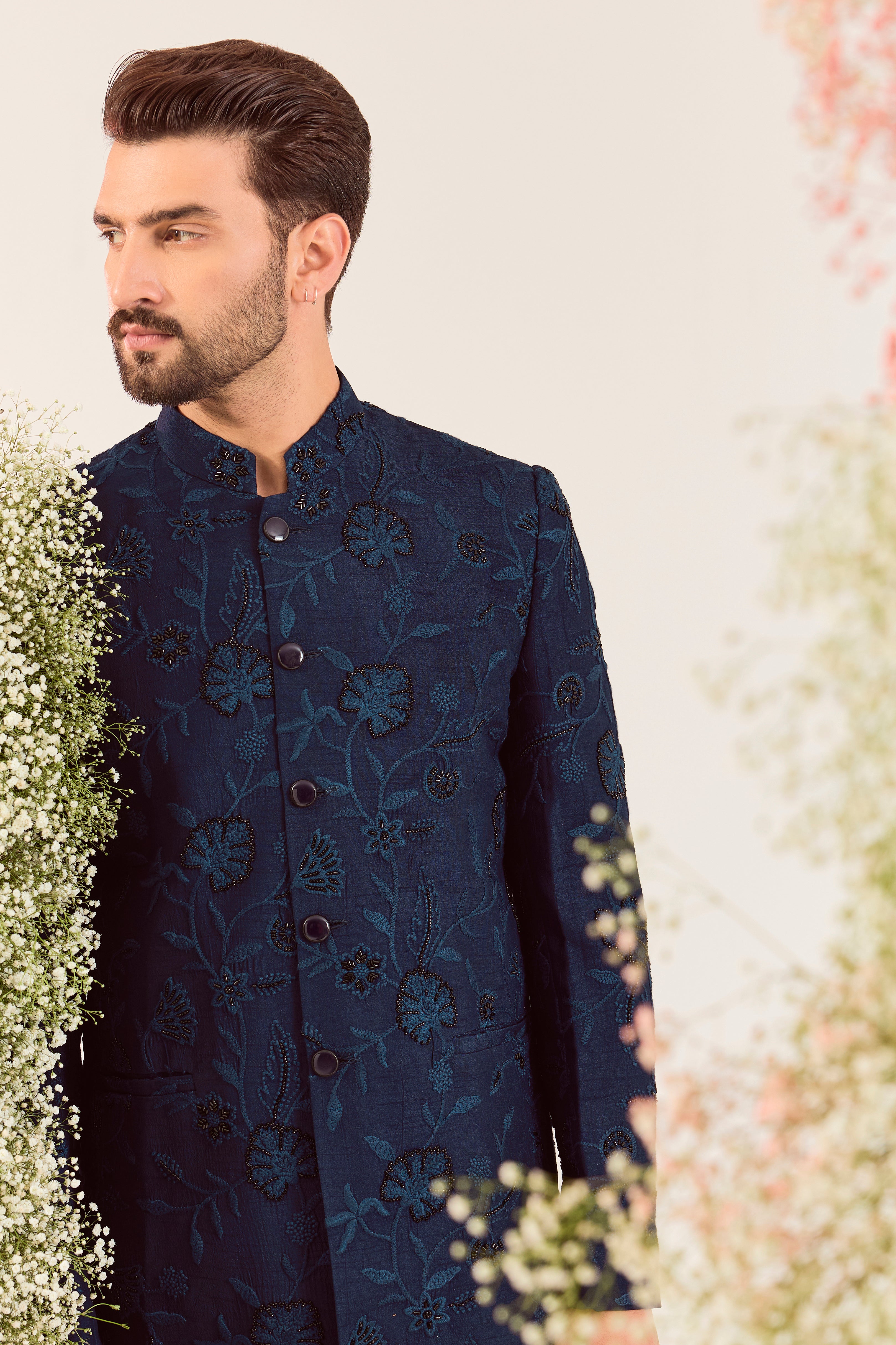 navy blue bandgala with intricate cut dana and floral embroidery