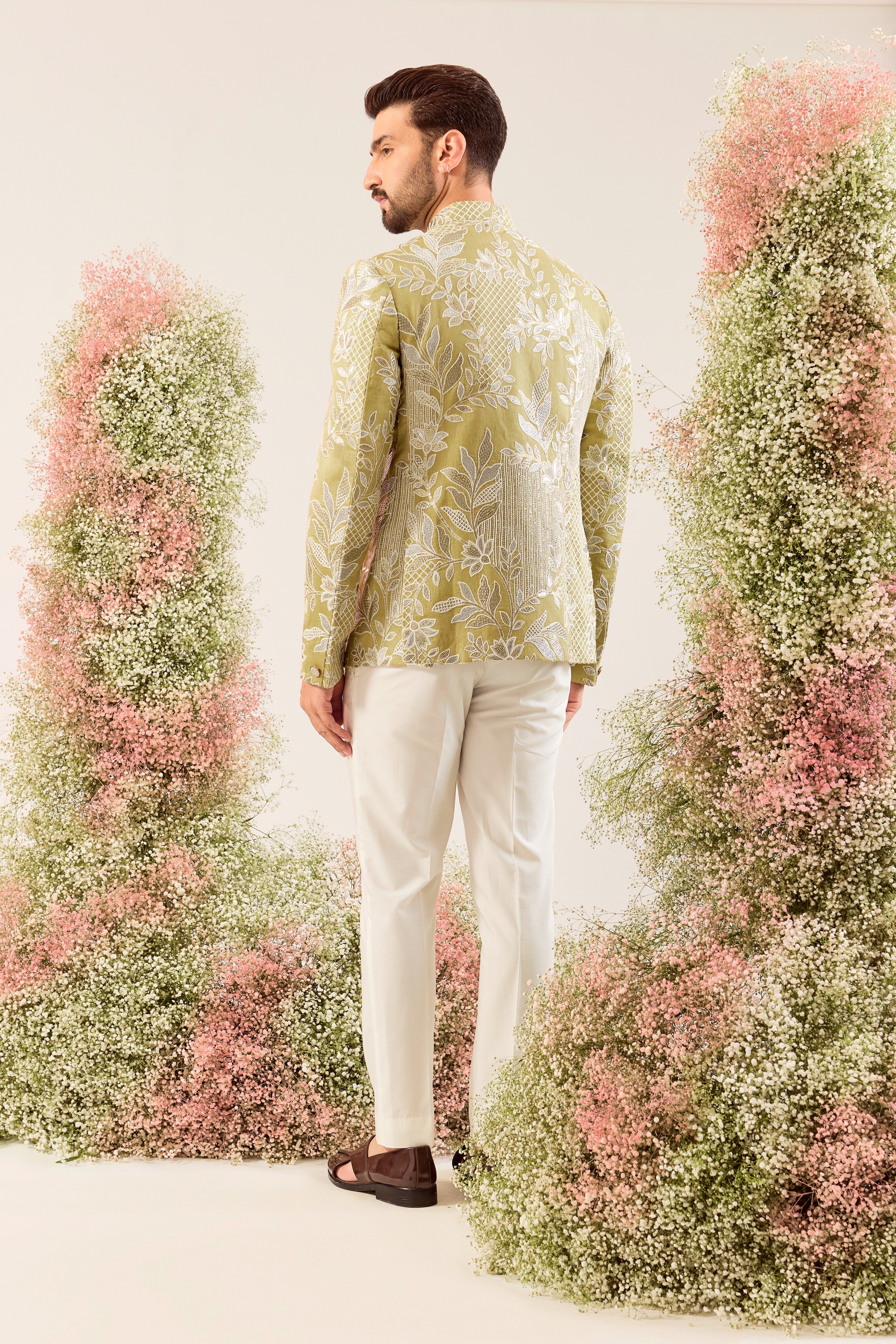 sage green floral embroidered bandgala