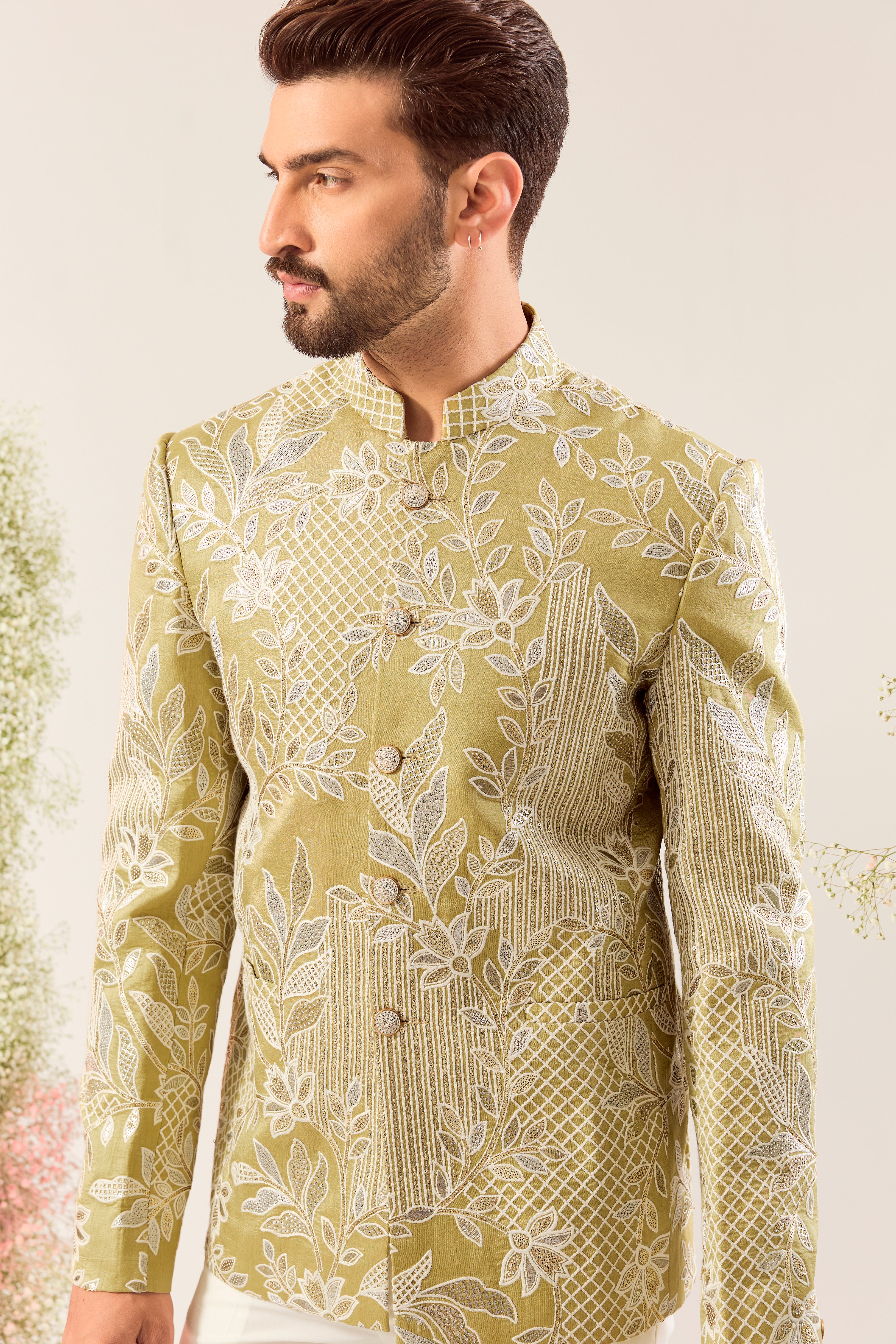 sage green floral embroidered bandgala