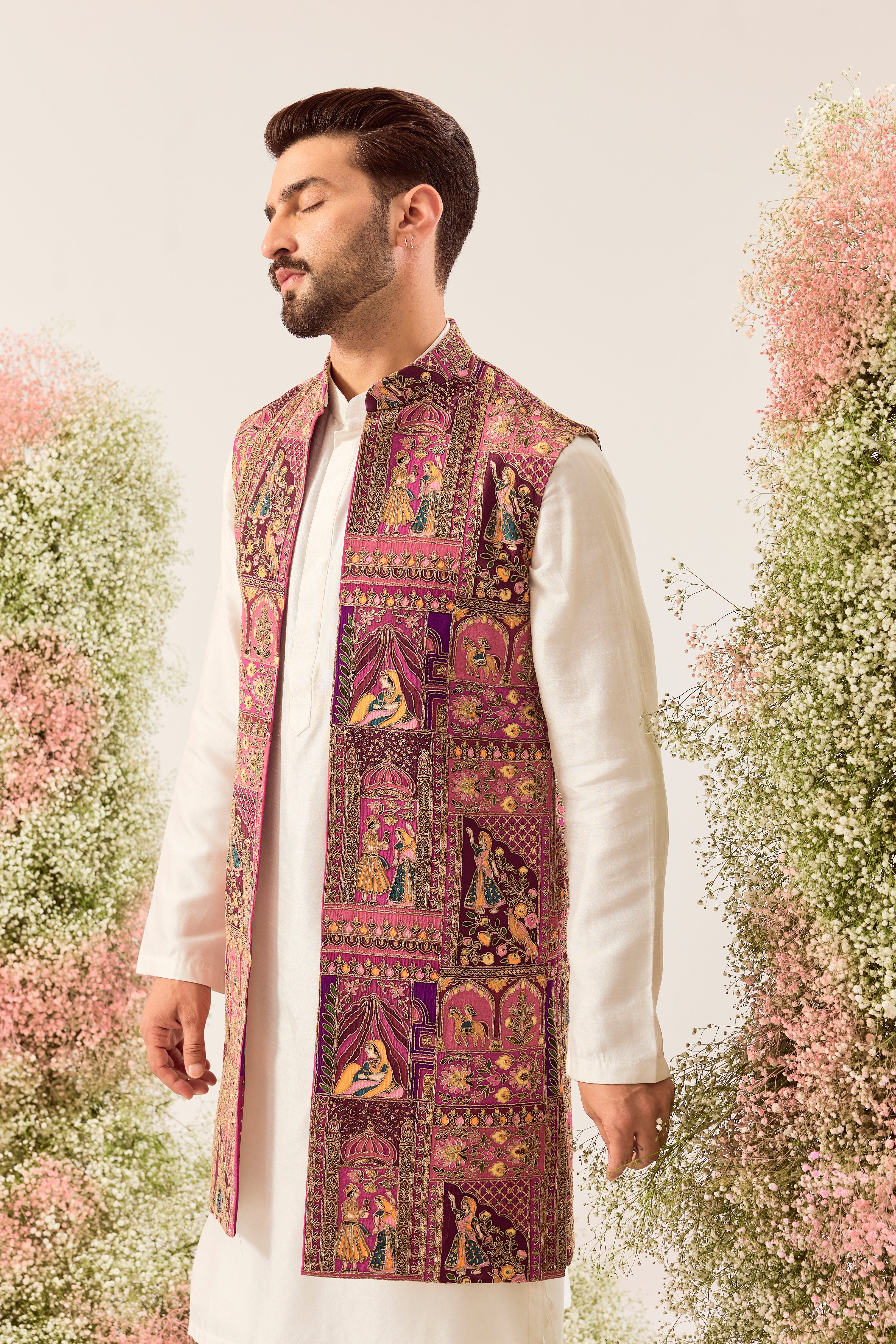 purple royal heritage long ooen jacket with mughal figures