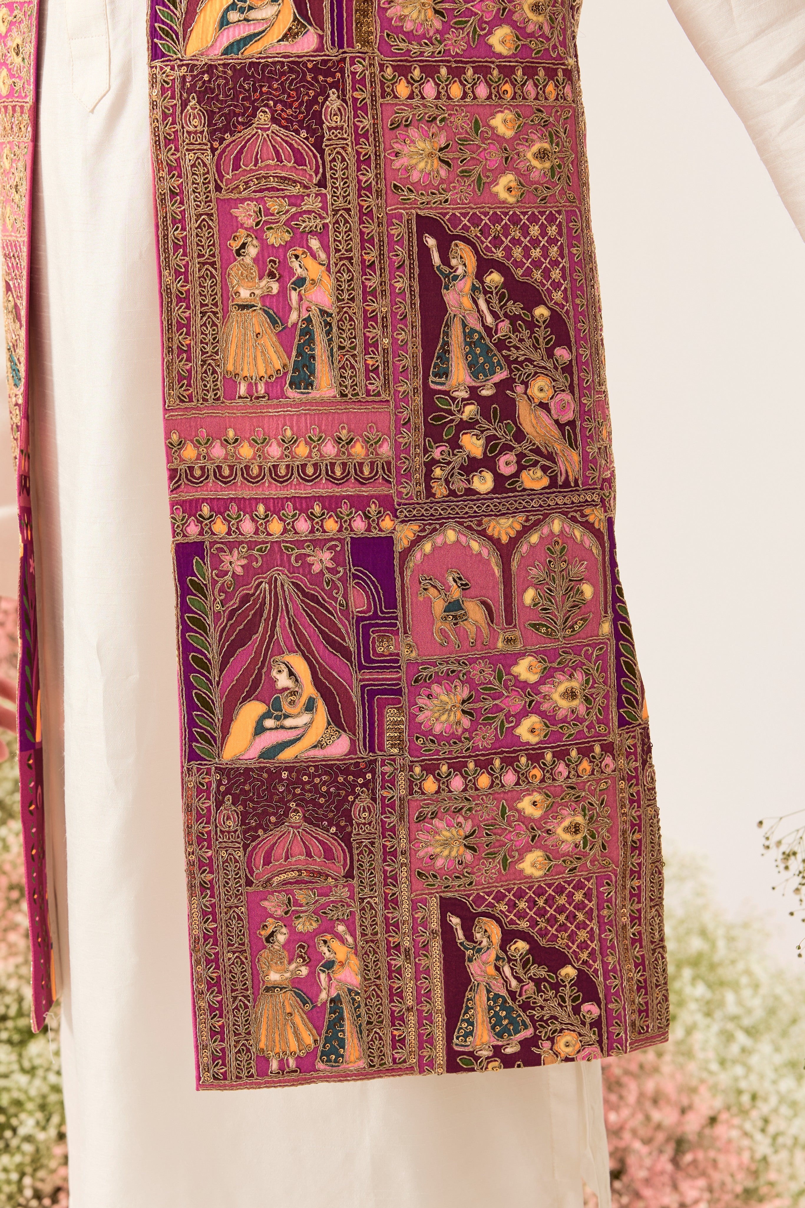 purple royal heritage long ooen jacket with mughal figures