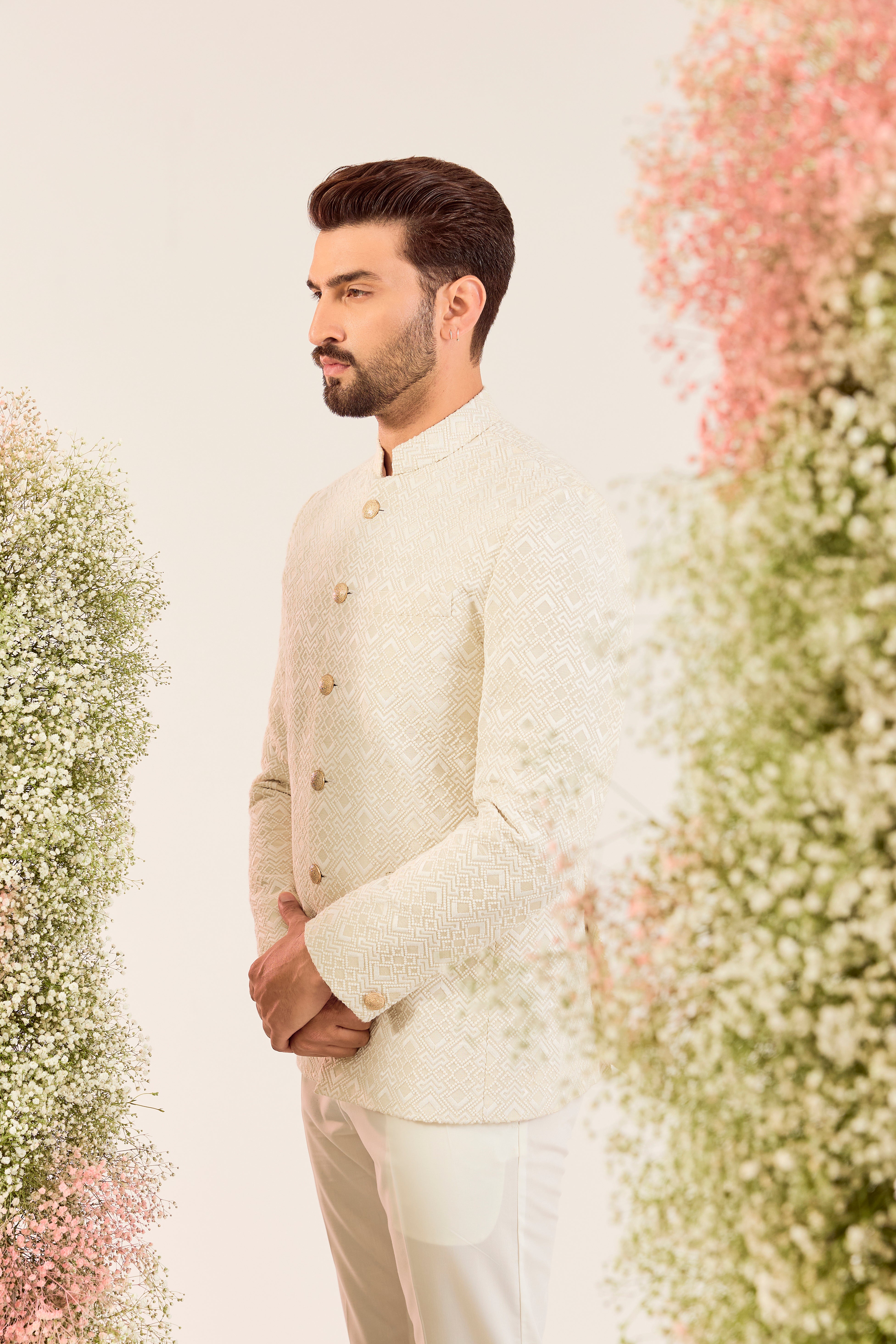 creame geometrically embroidried bandgala with tone to tone threadwork