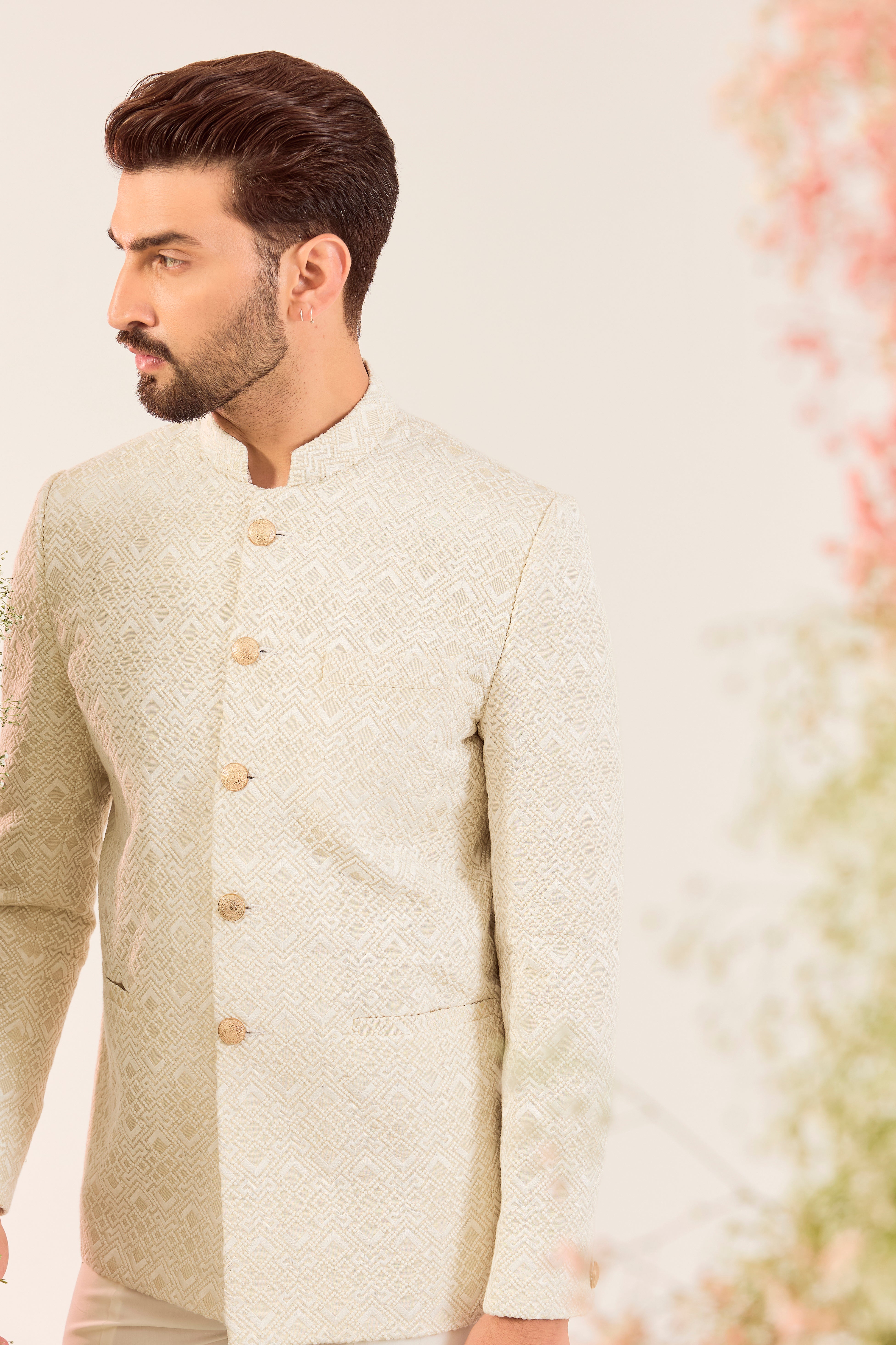 creame geometrically embroidried bandgala with tone to tone threadwork
