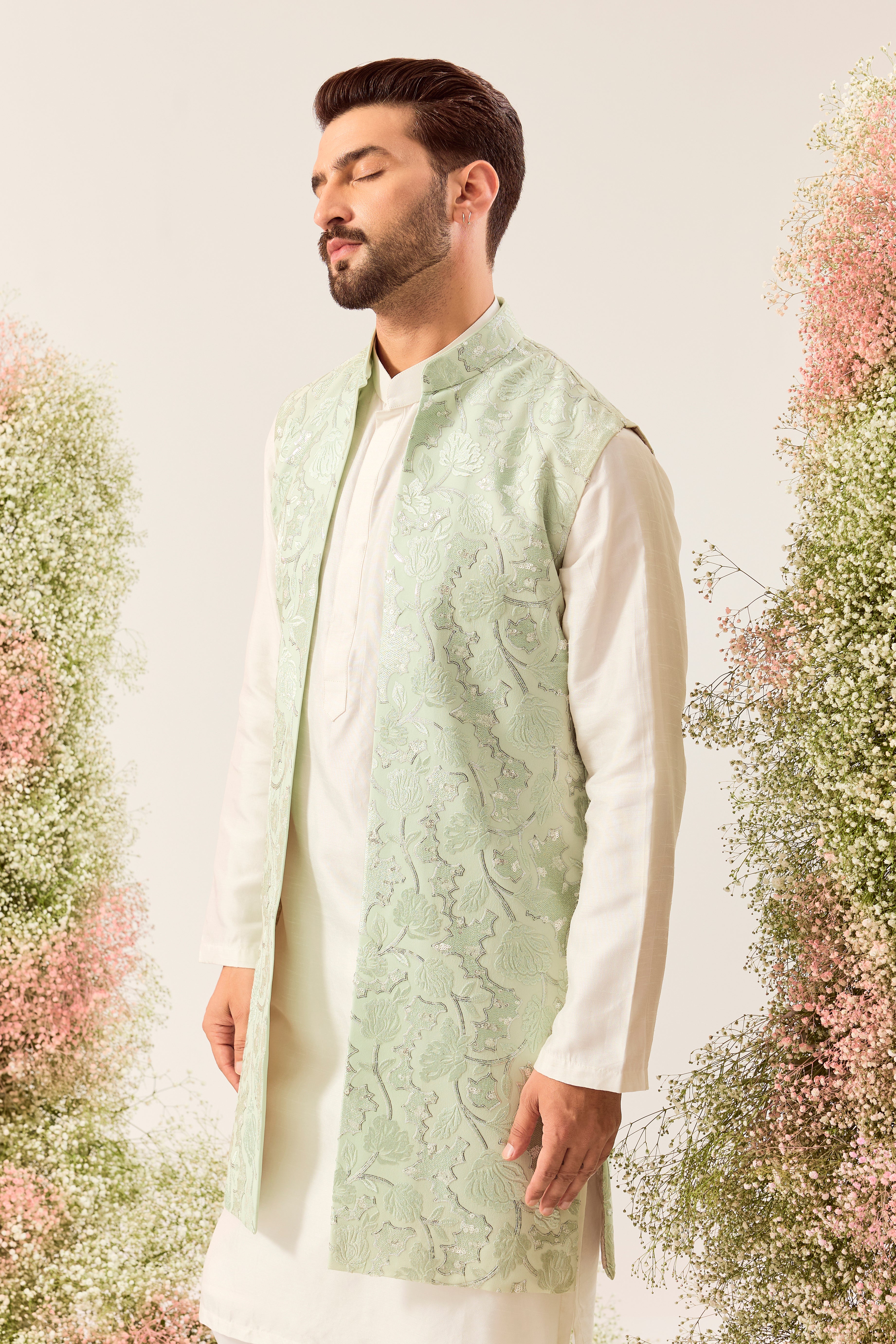 sage green floral embroidered long open jacket with intricate sequin work
