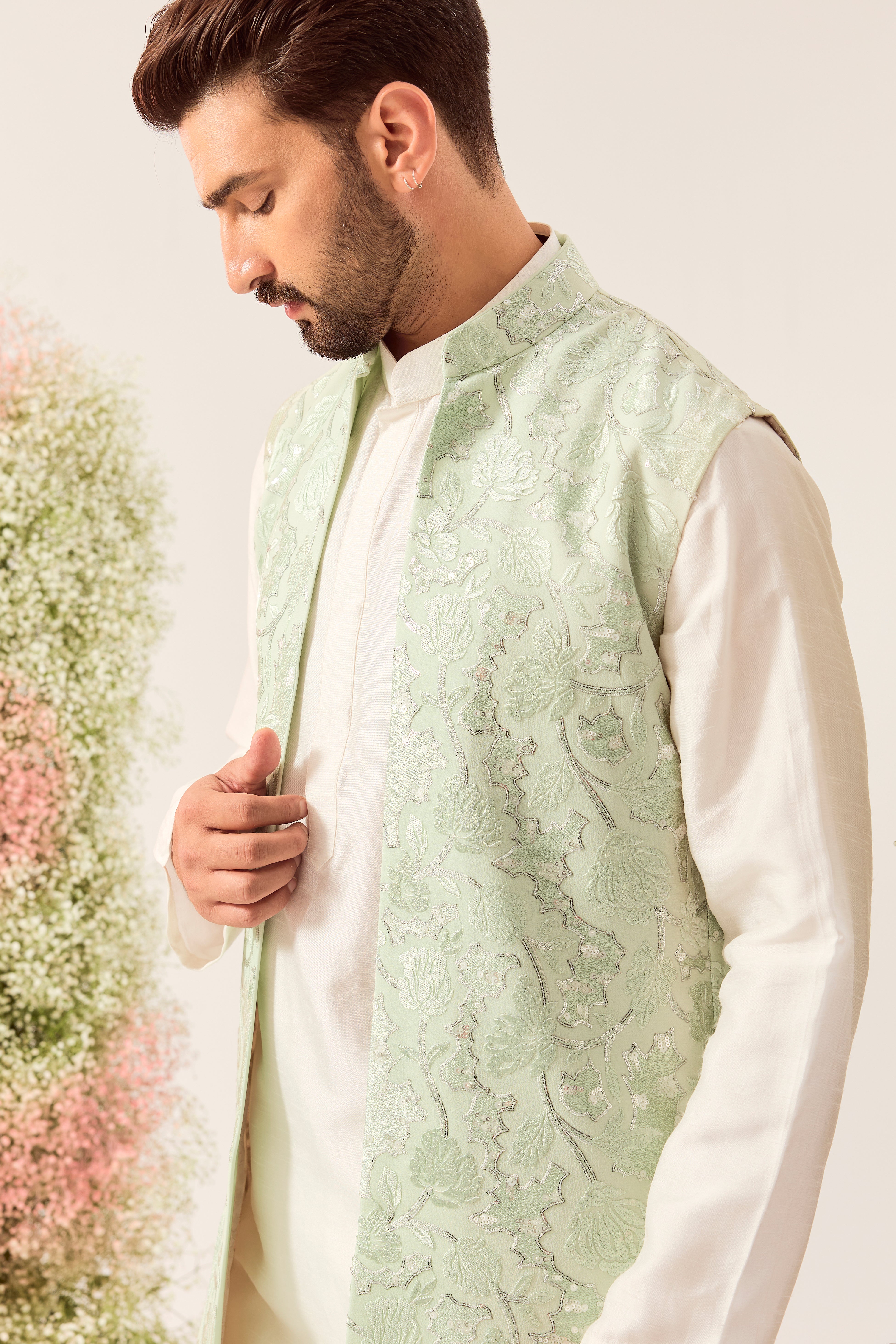 sage green floral embroidered long open jacket with intricate sequin work