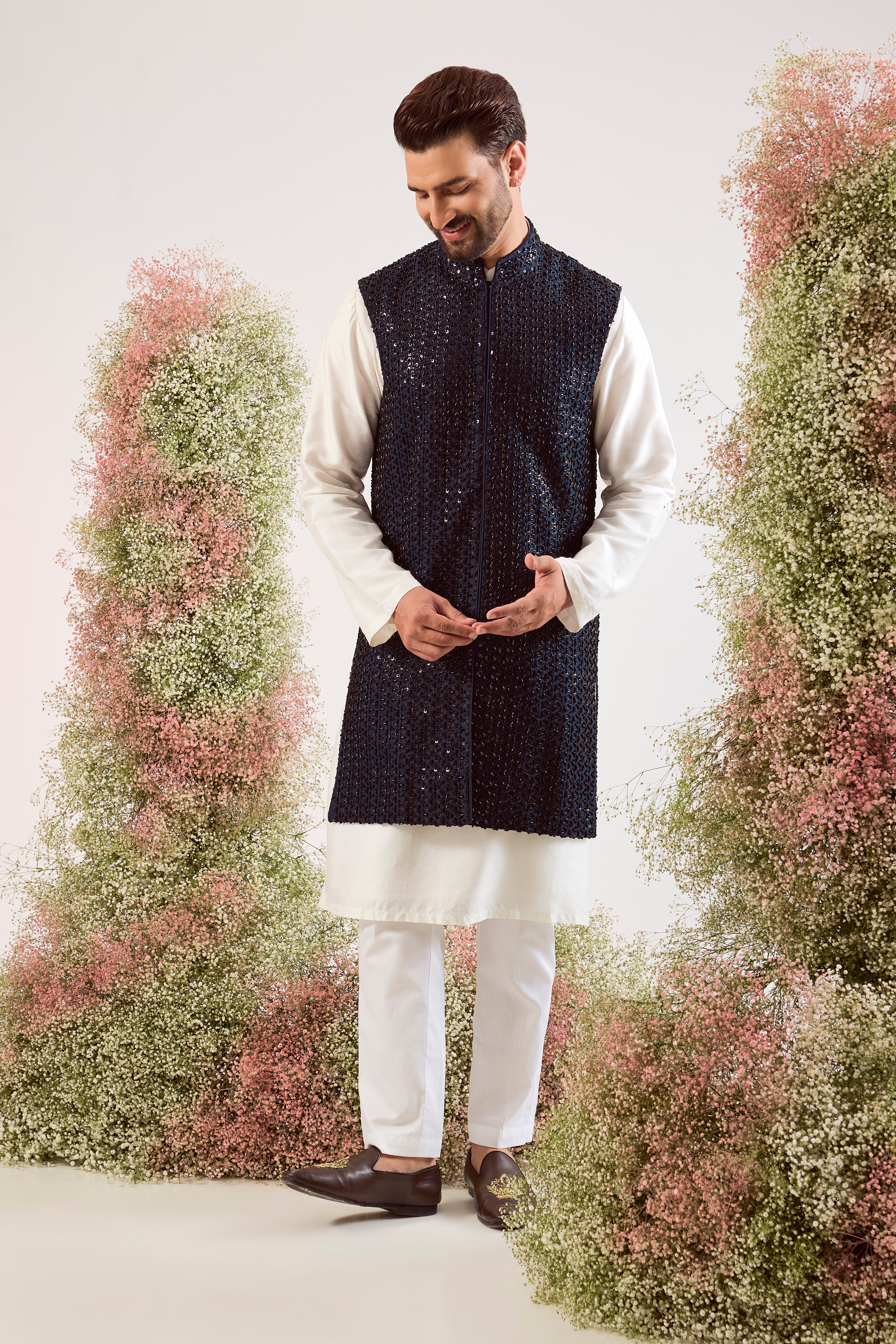 navy blue long jacket with heavy cut dana work