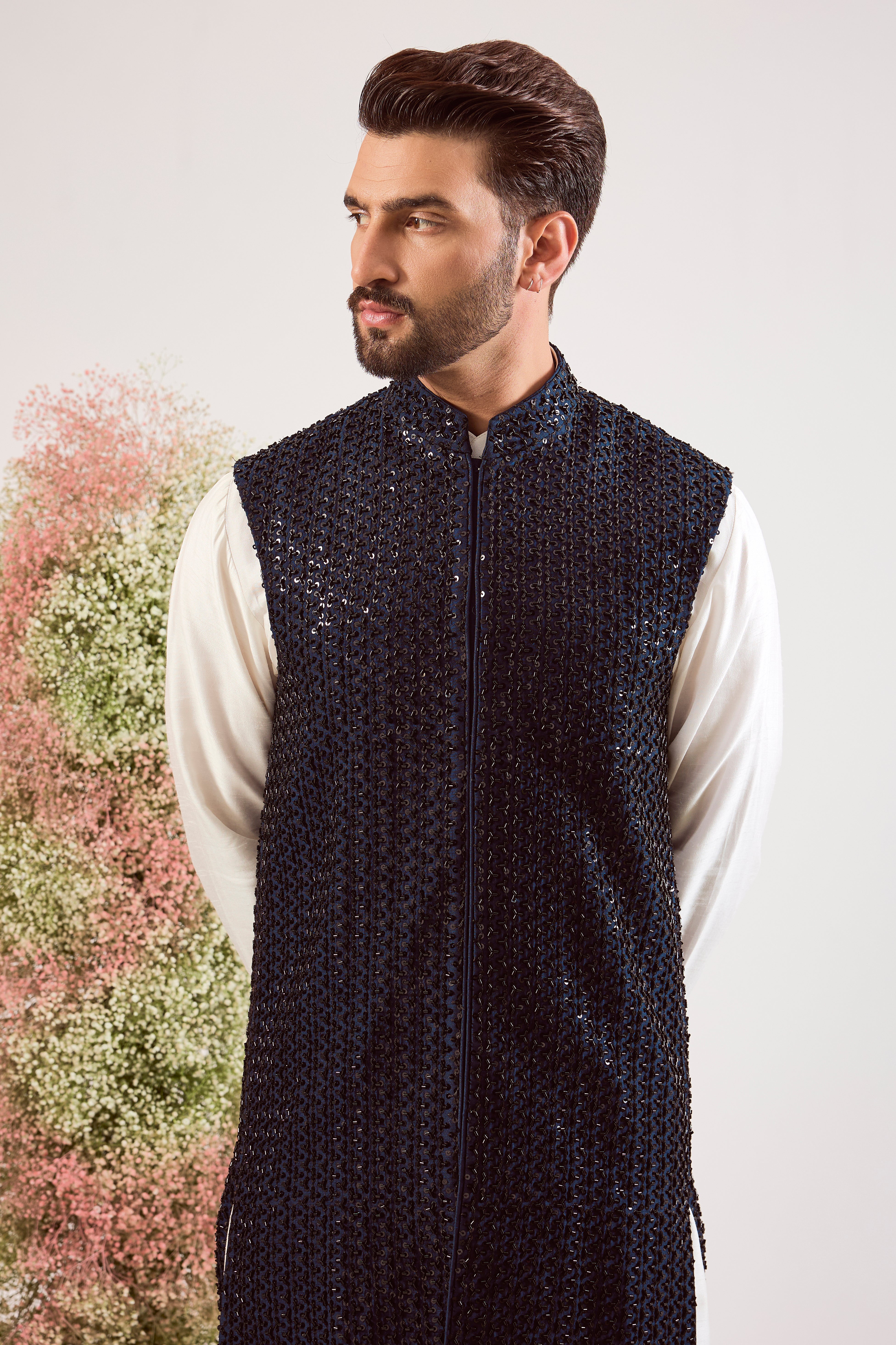 navy blue long jacket with heavy cut dana work