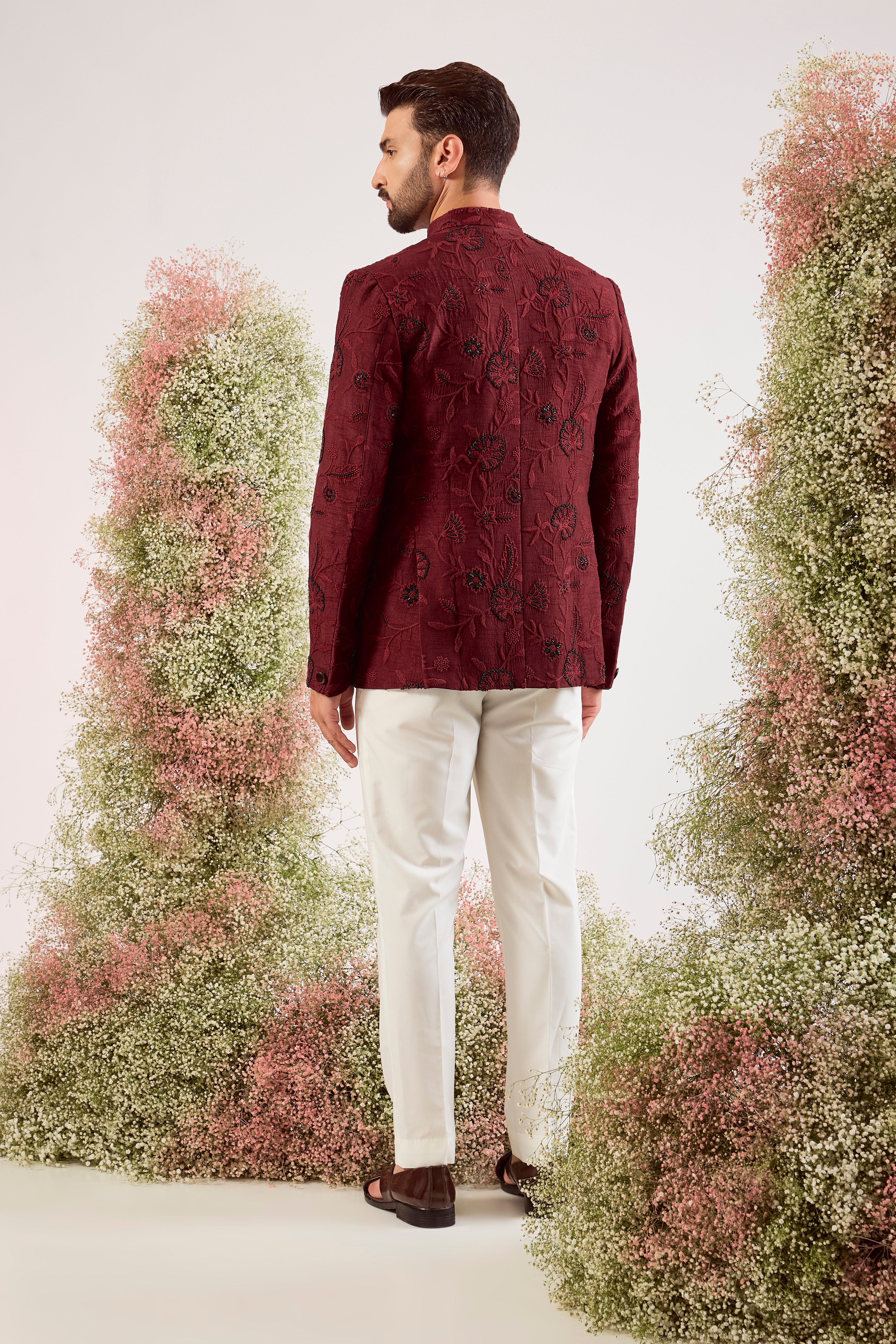 maroon bandgala with delicate cut dana and floral embroidery