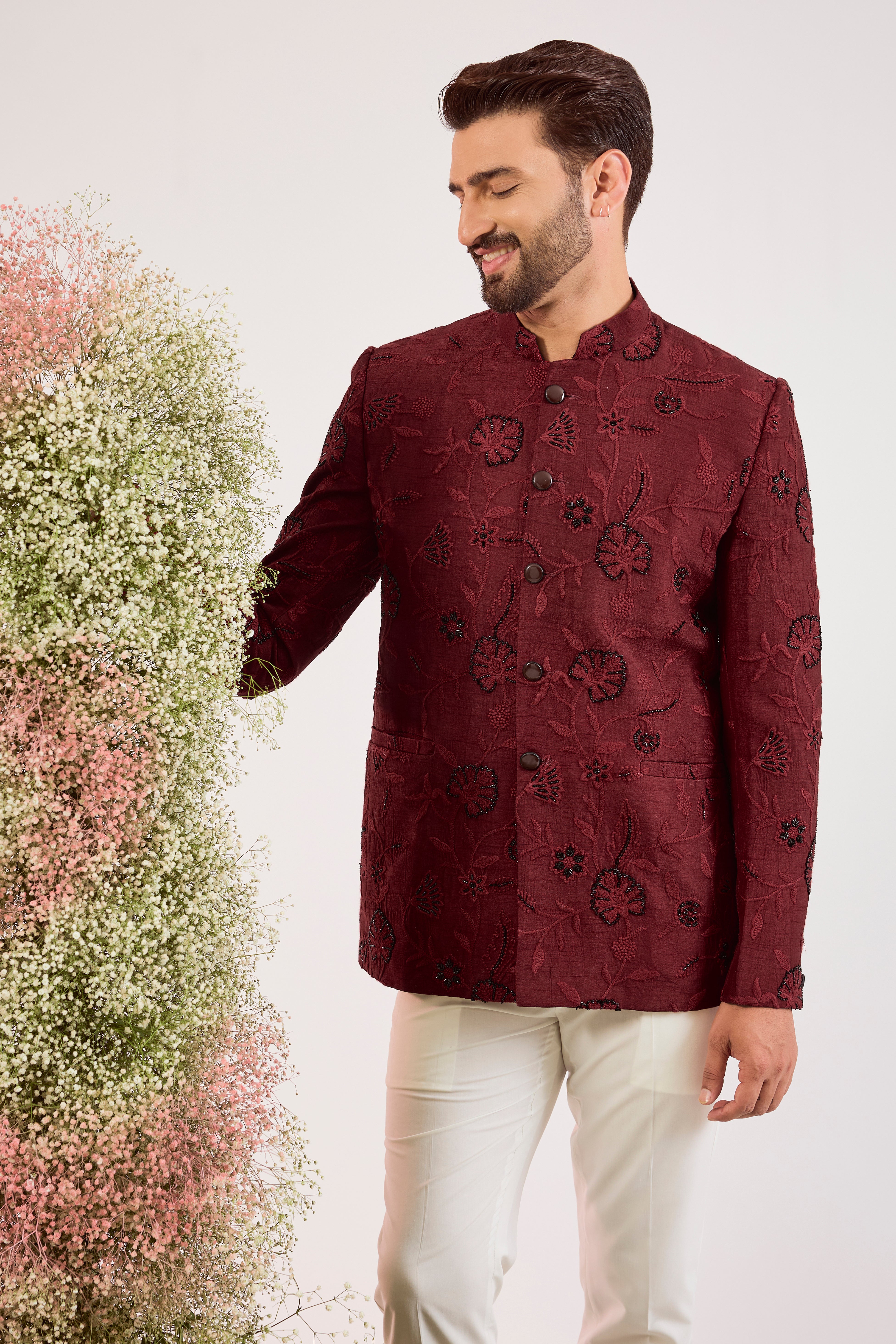 maroon bandgala with delicate cut dana and floral embroidery