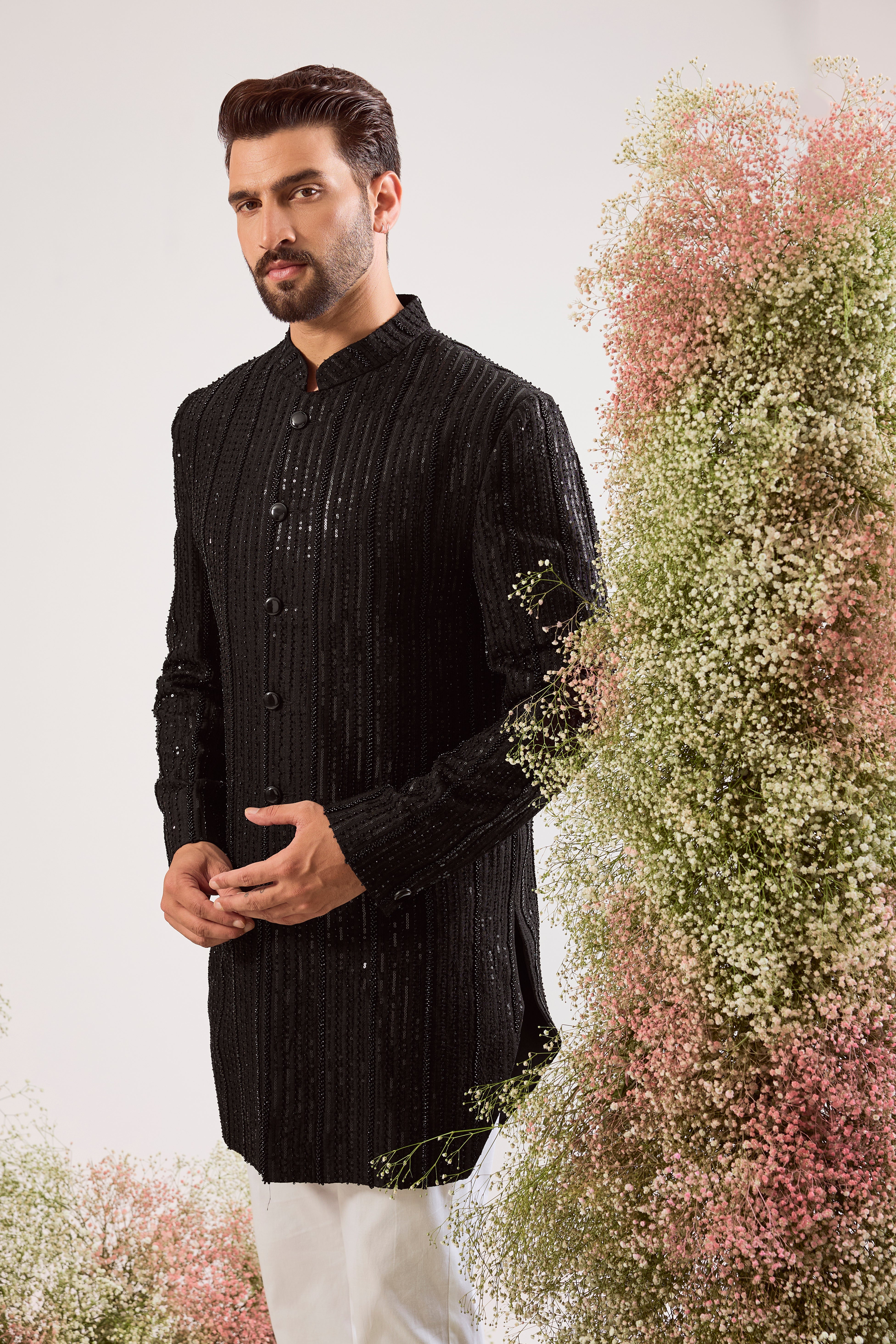 black royal cut indowestern with heavy cut dana