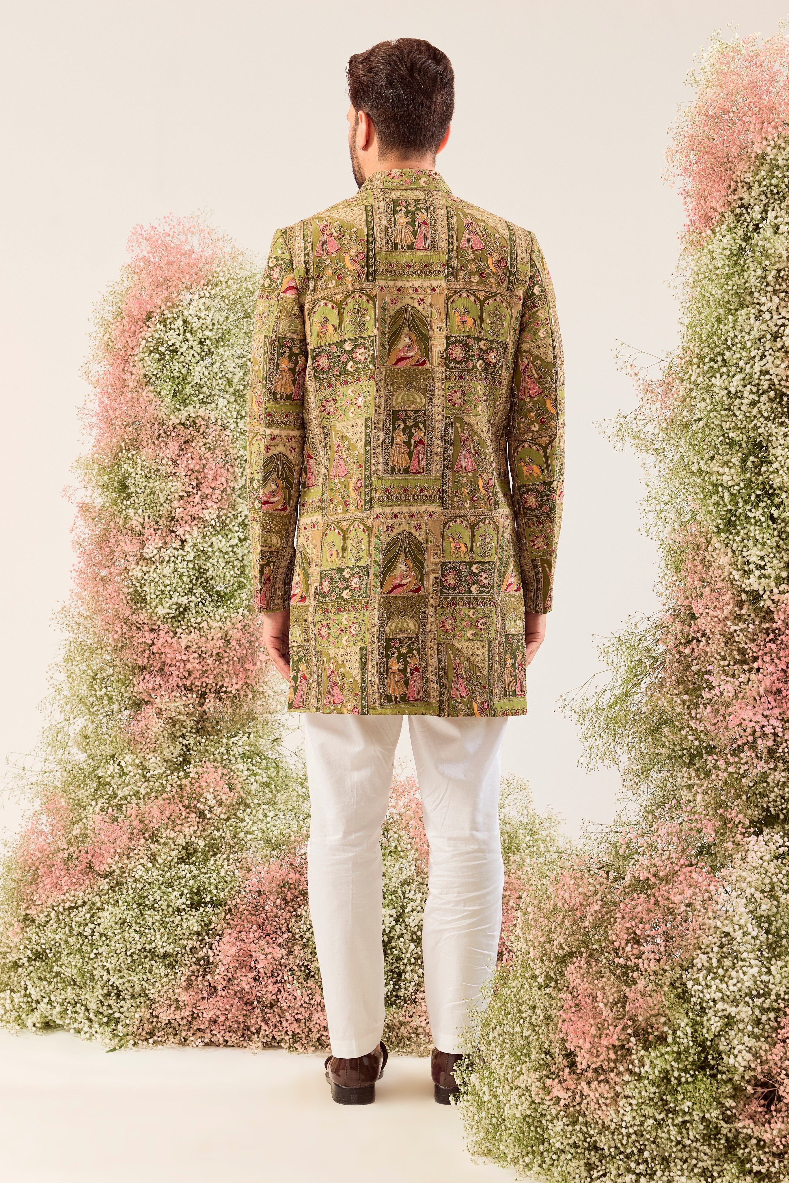 green royal heritage short indowestern with detailed mughal figures