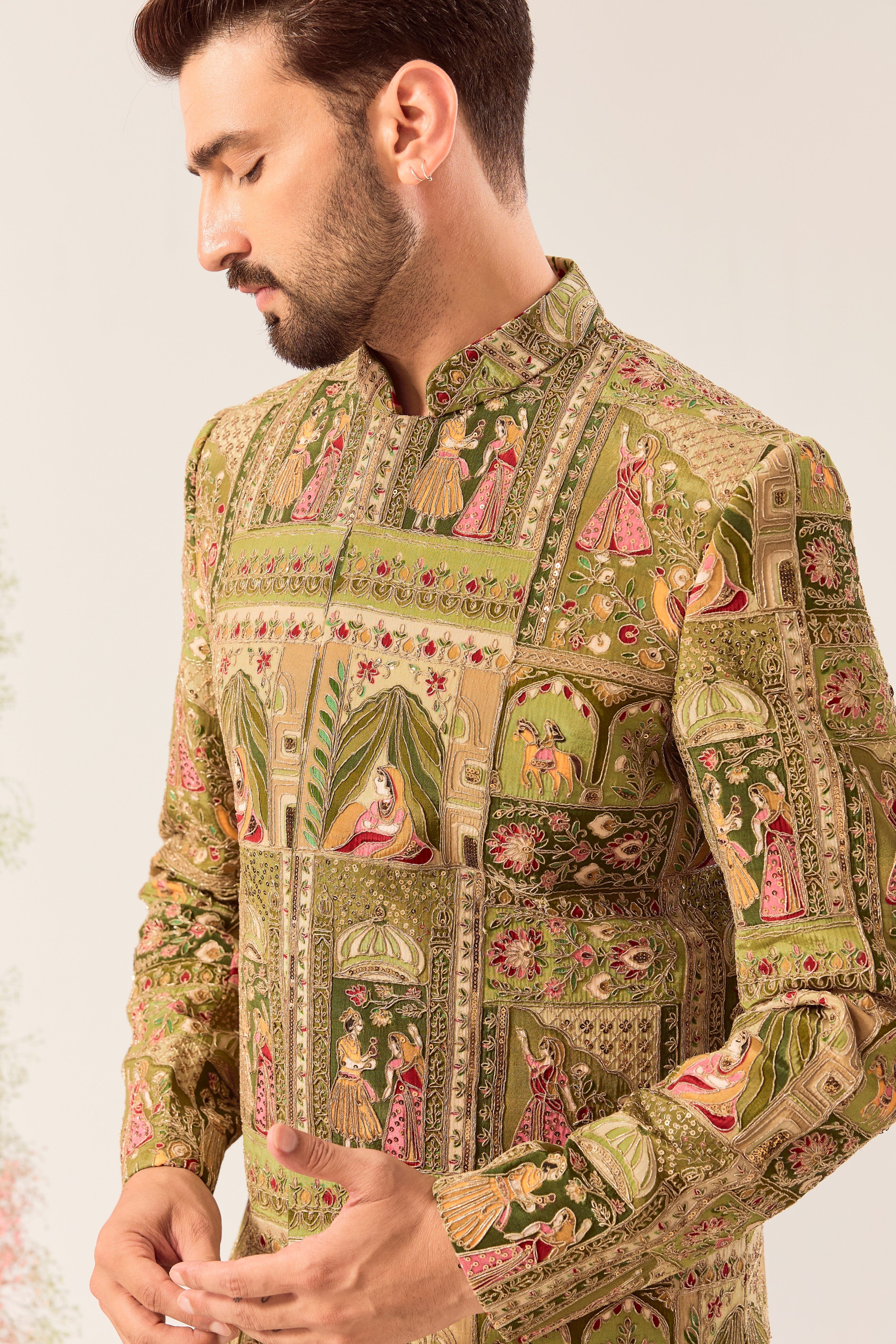 green royal heritage short indowestern with detailed mughal figures