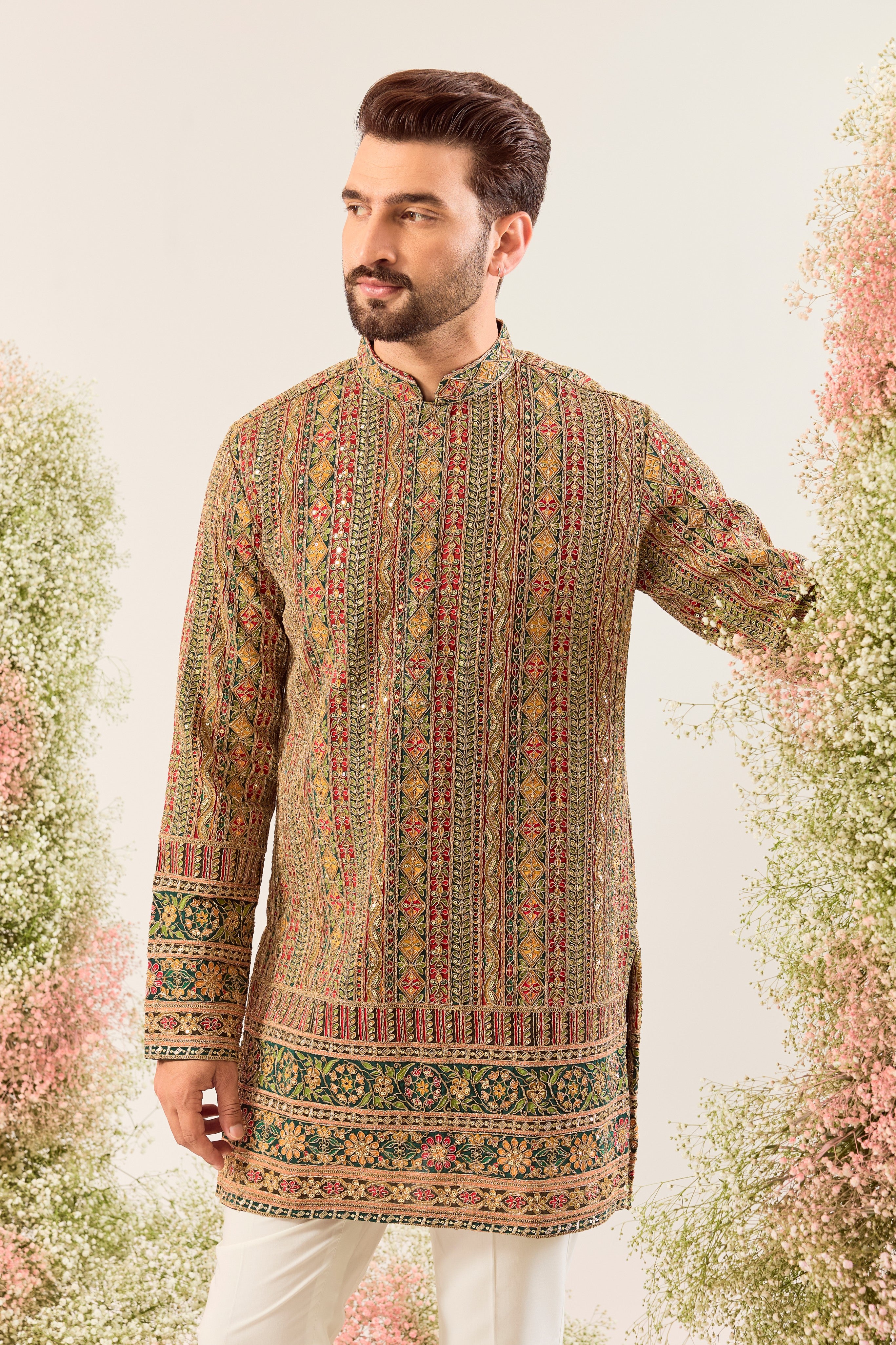 bottle green / multi coloured short kurta with heavy zari & sequin embroidery