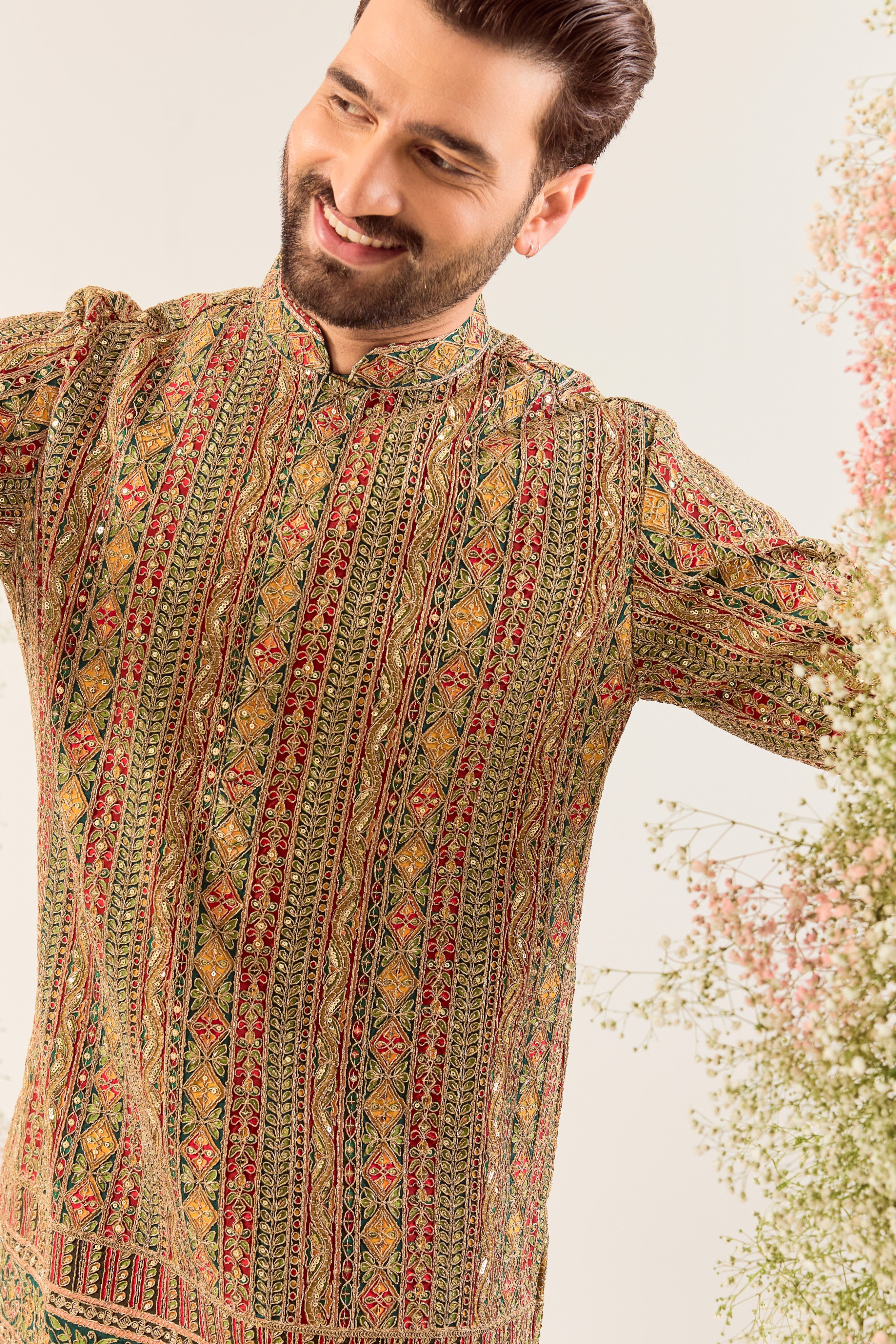 bottle green / multi coloured short kurta with heavy zari & sequin embroidery