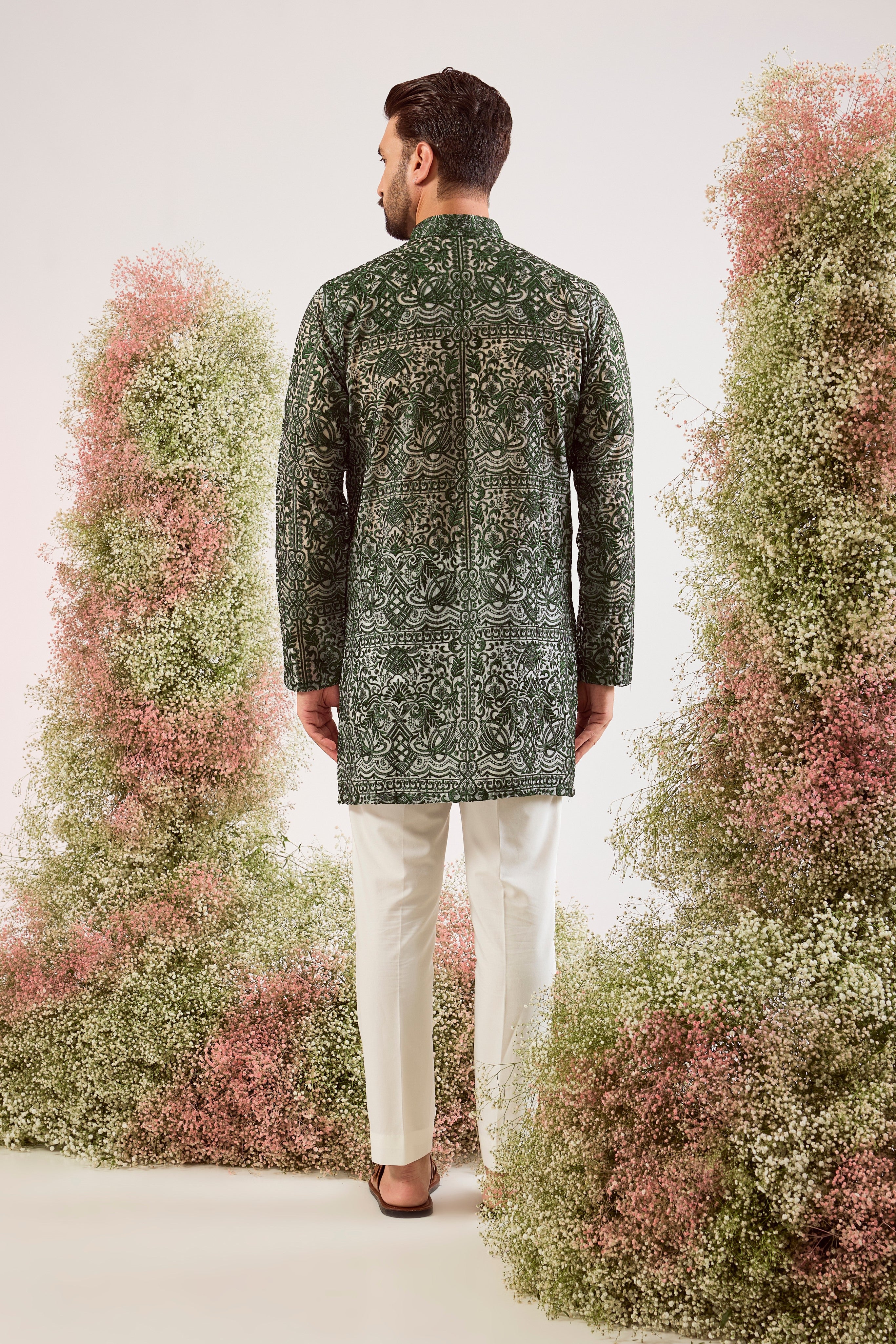 emerald green short chikankari kurta on organza