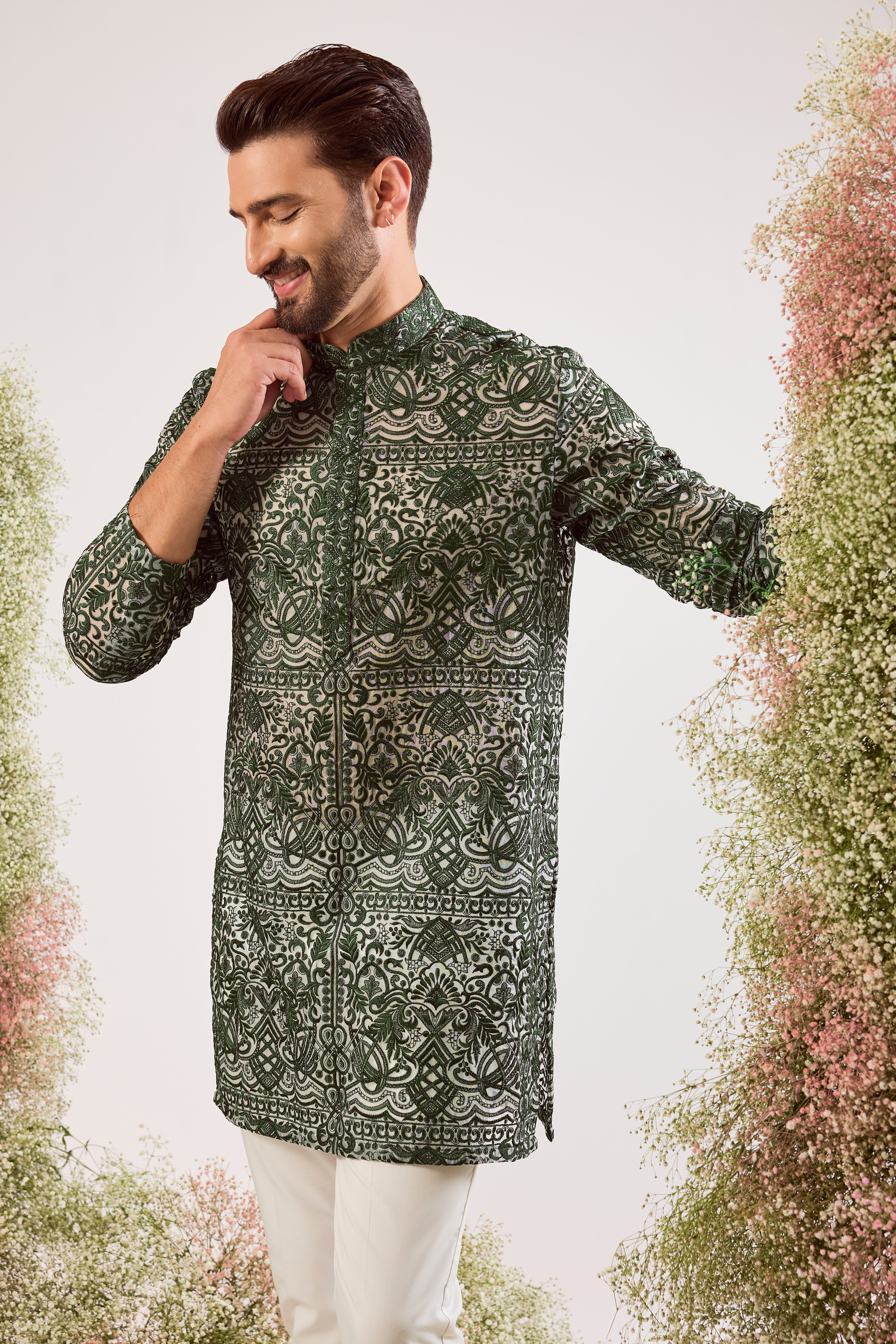 emerald green short chikankari kurta on organza
