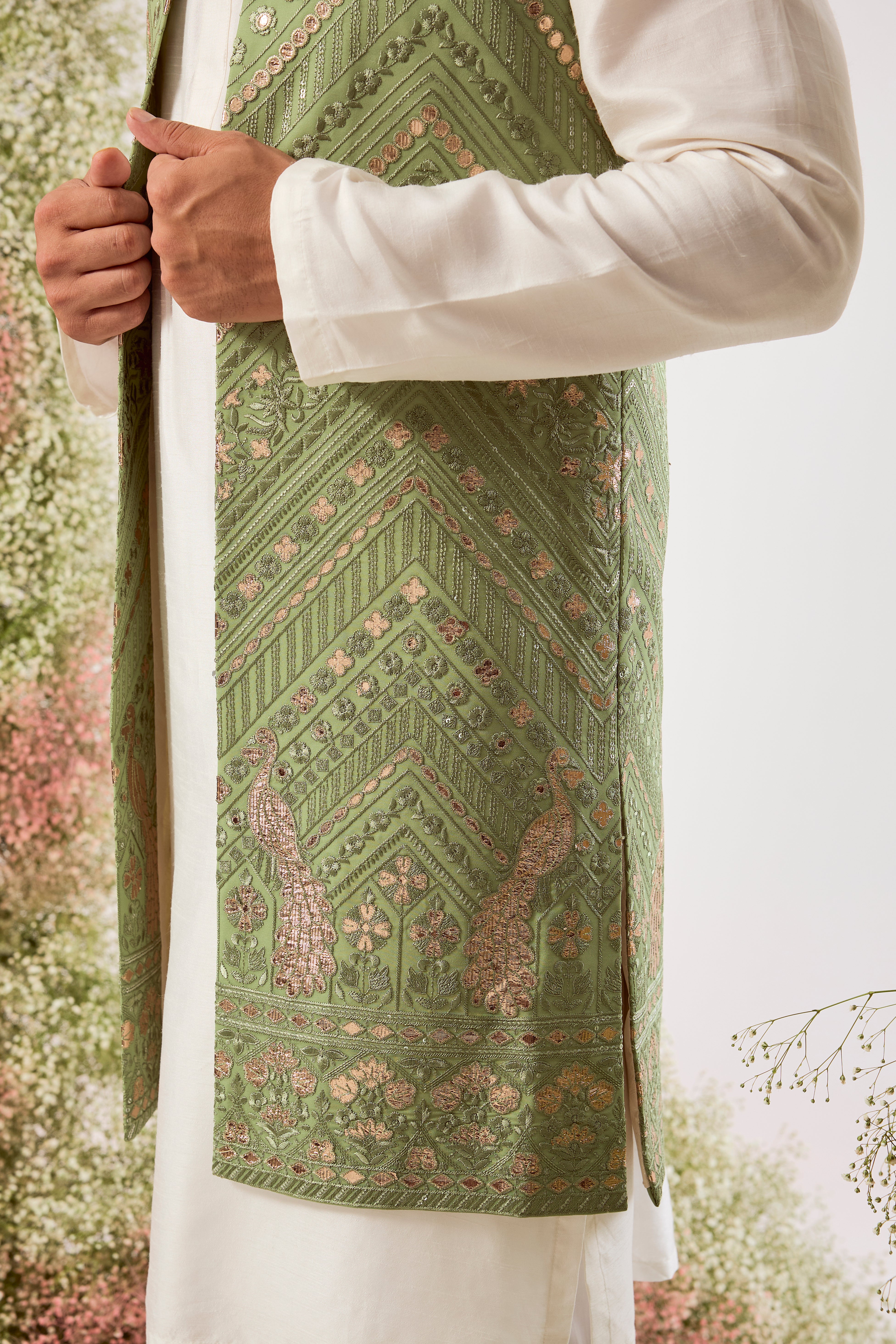 sage green leather patchwork long open jacket with peacock motifs