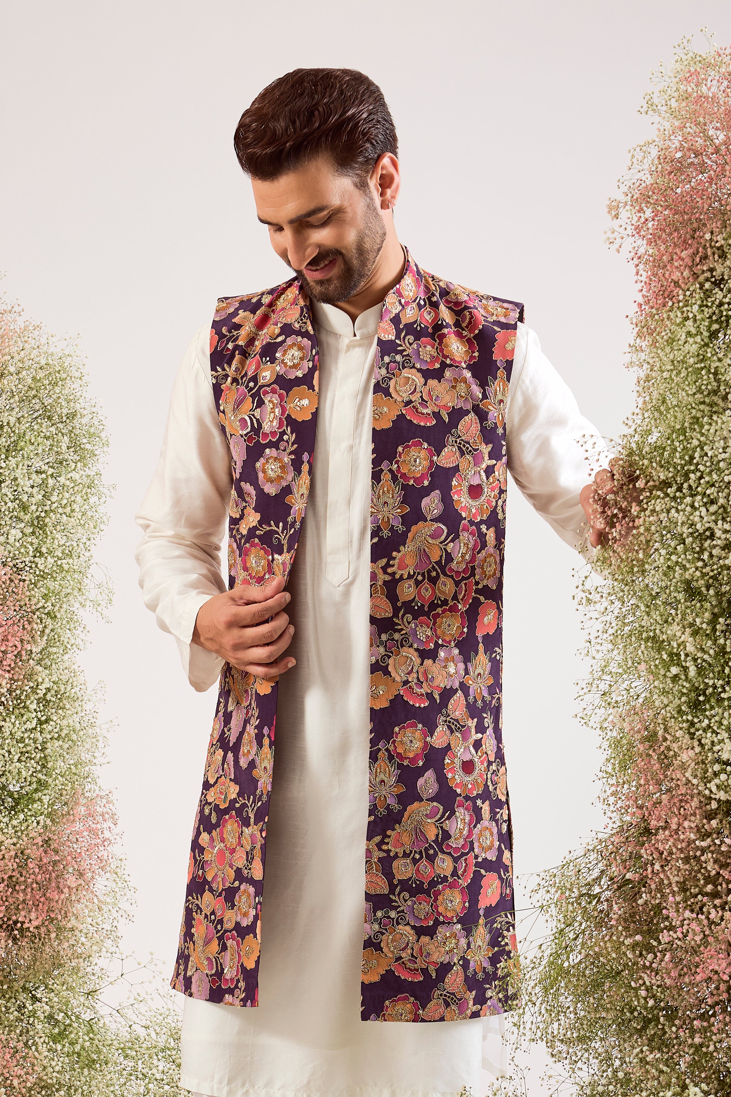 purple floral long open jacket with intricate zari and sequin work