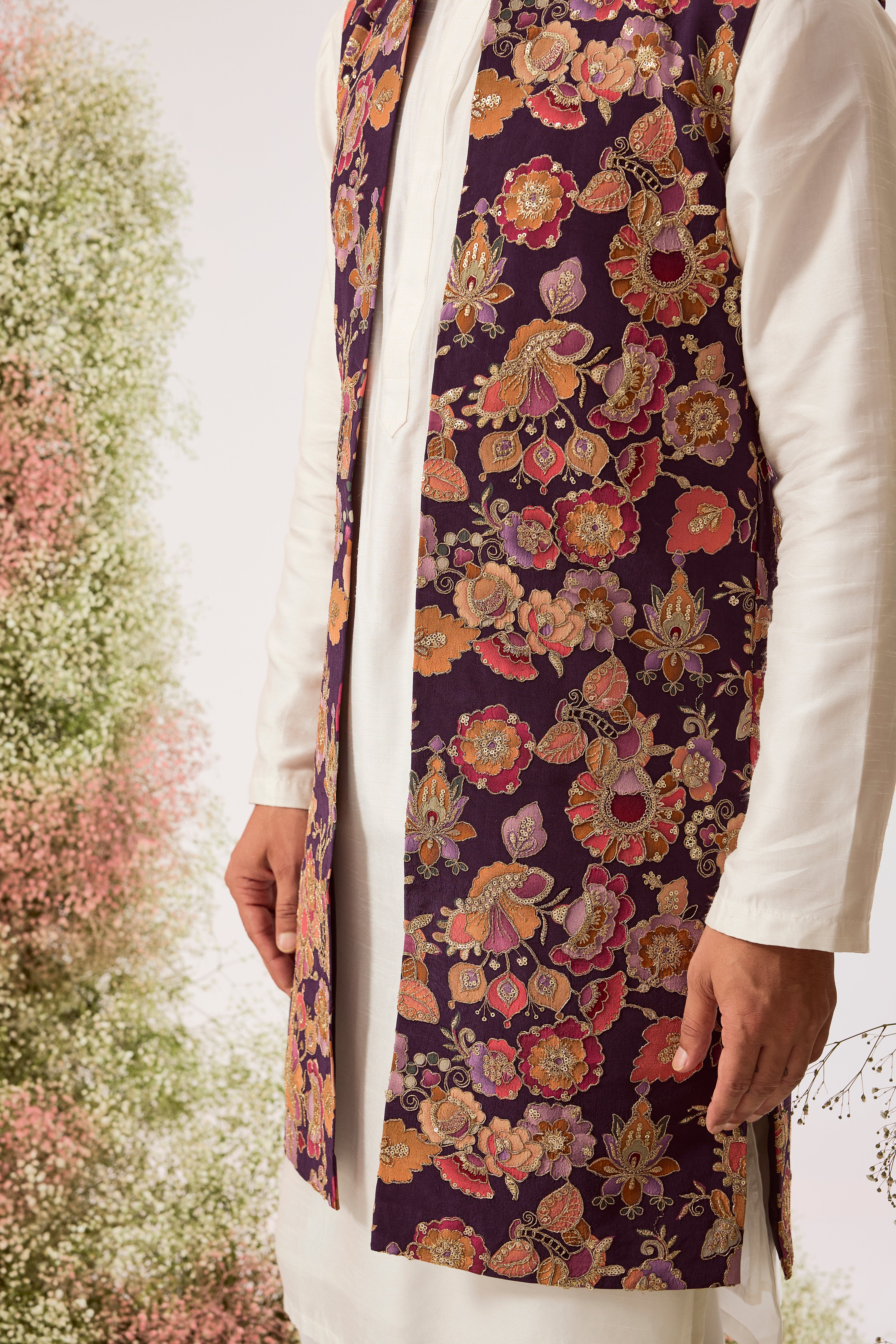 purple floral long open jacket with intricate zari and sequin work