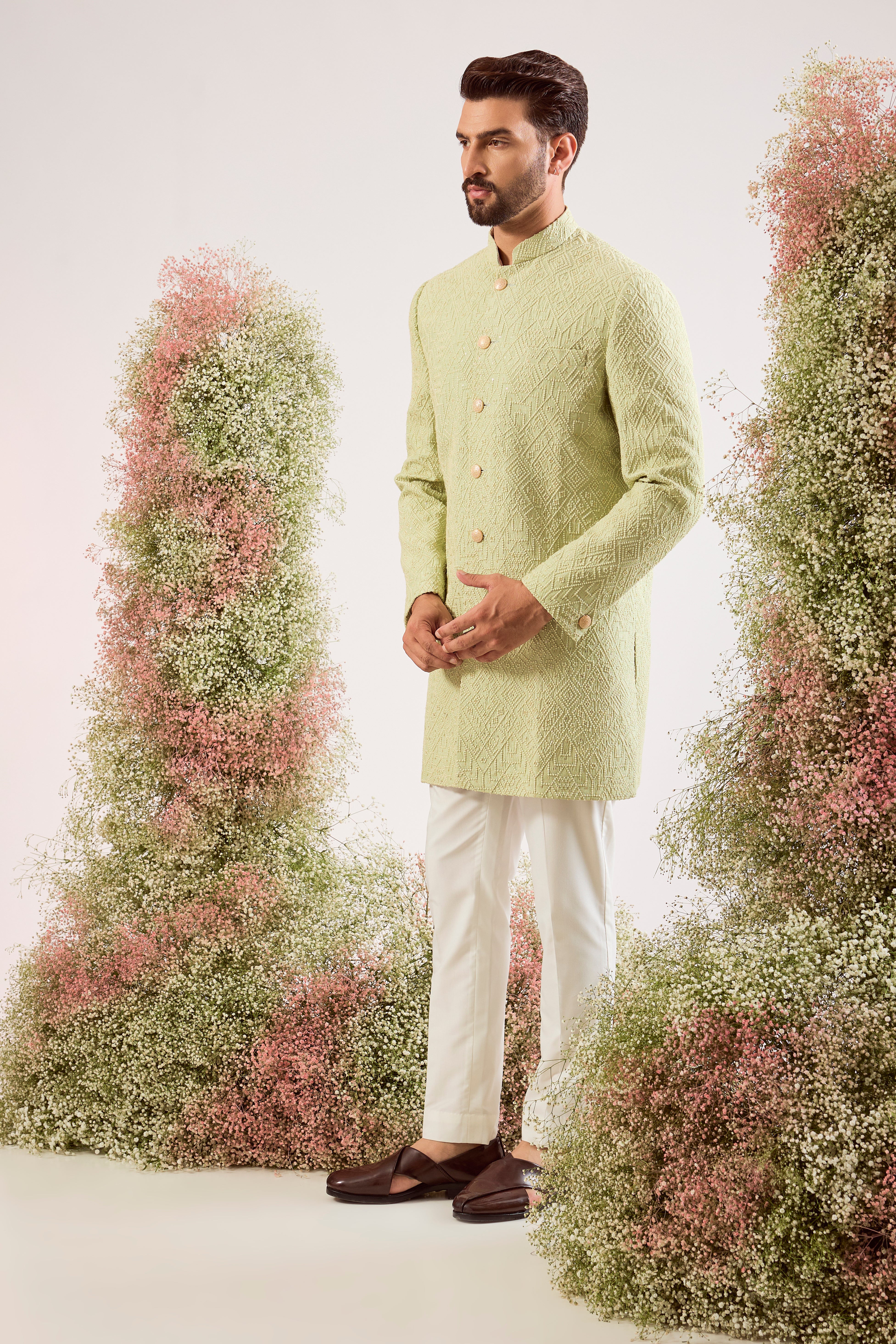pastel green geometrically embroideried thread work short sherwani with subtle sequin detailing
